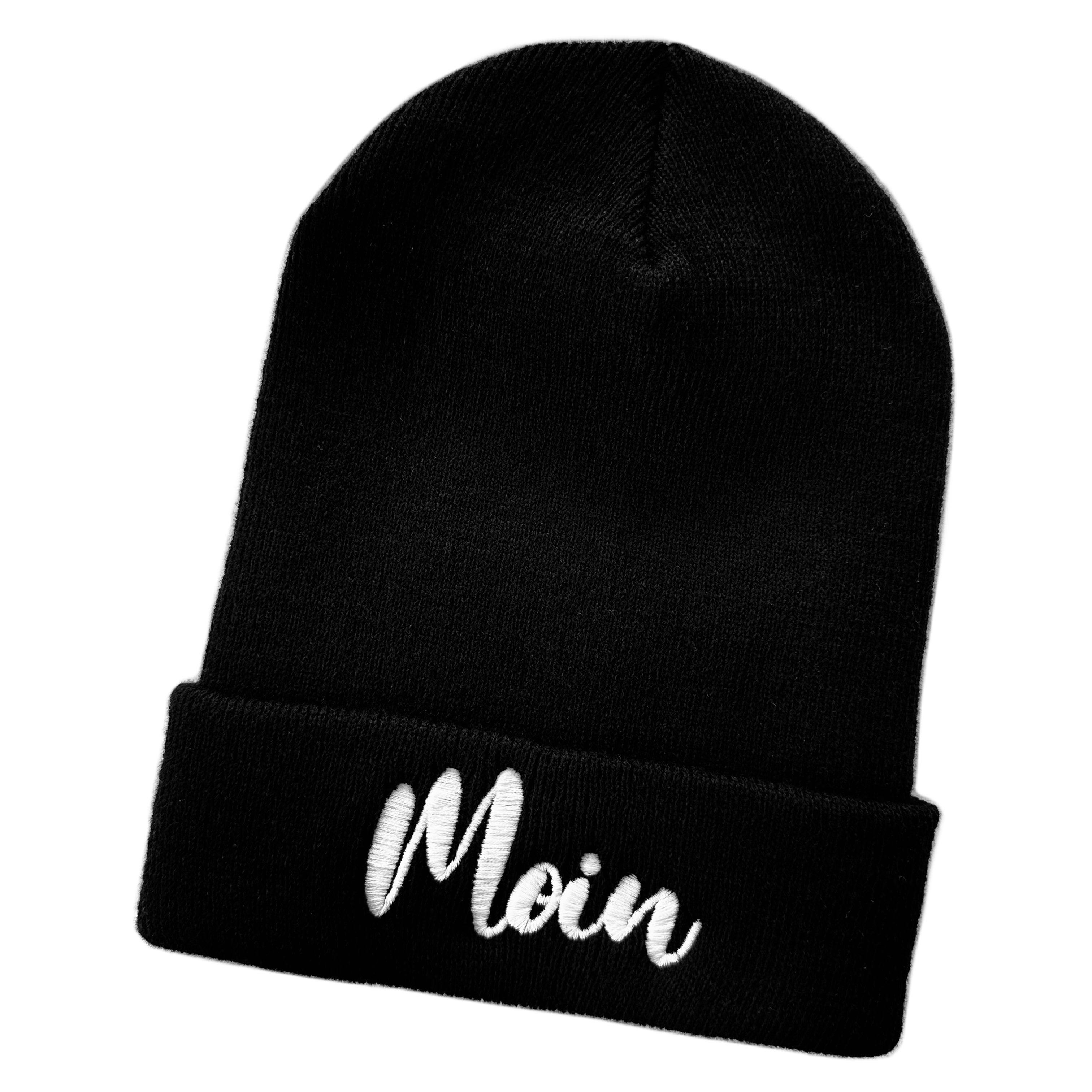 Schnoschi Strickmütze Wintermütze Moin (unisex) bestickt Statement Spruch  Streetwear mit breitem Umschlag