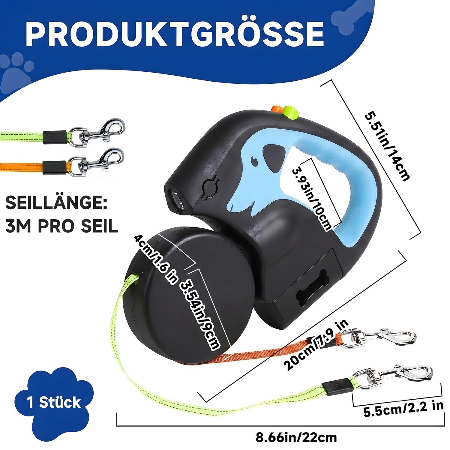 AIMAX Hundeleine Automatische Leine mit Taschenlampe 3M, Doppelleine für 2 Hunde, (Pet Walking Führleine mit Licht für kleine Hunde bis zu 10kg Gewicht, Ausziehbare 360 ° Verwicklungsfreie, EIN-Knopf-Verriegelung Bremse), Rutschfestem Griff, Hundeleine mit box für Kotbeutel oder Leckerlis