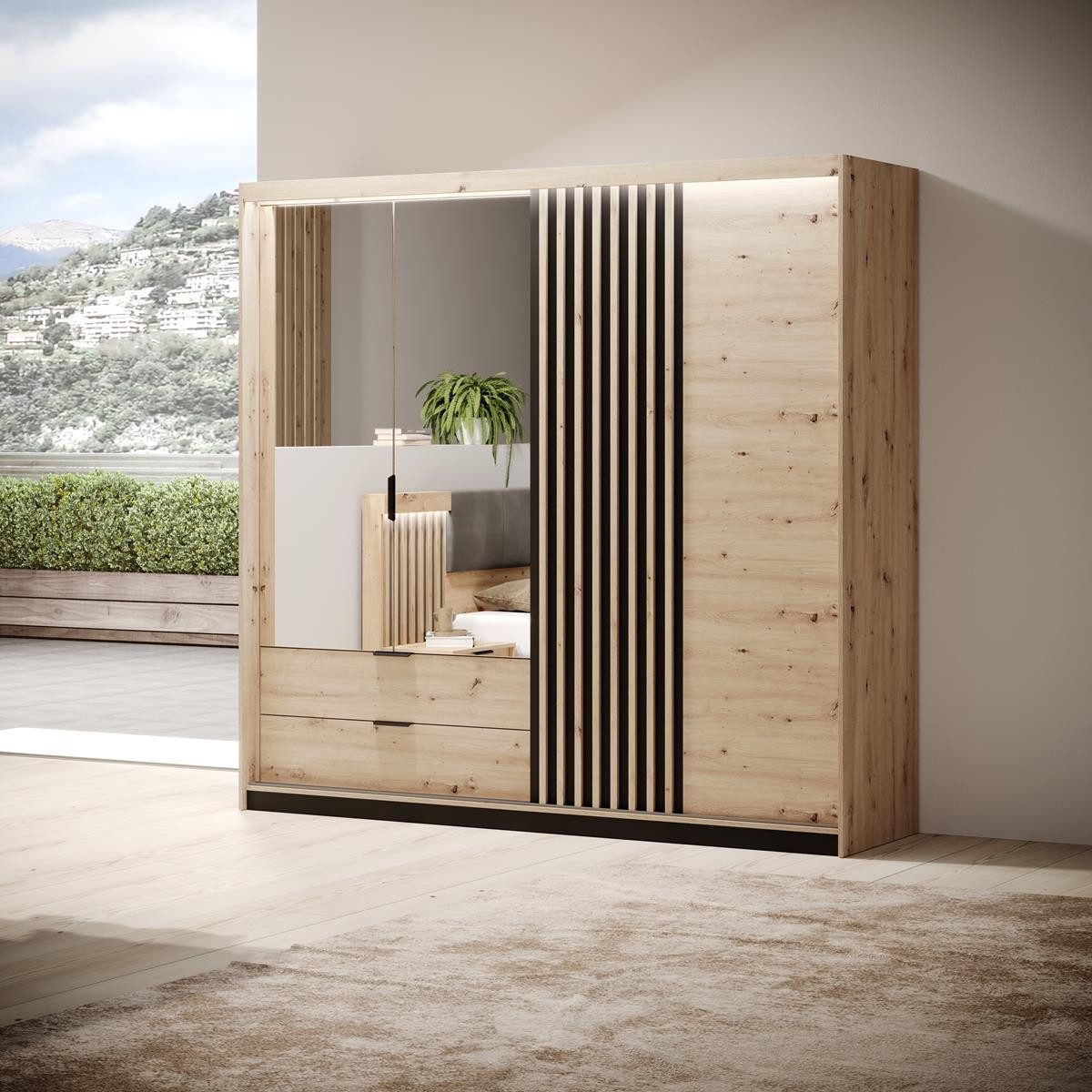 Compleo Schwebetürenschrank mit 2 Schubladen und Spiegel, Kleiderschrank mit zwei Türen MONS Modern Schlafzimmer