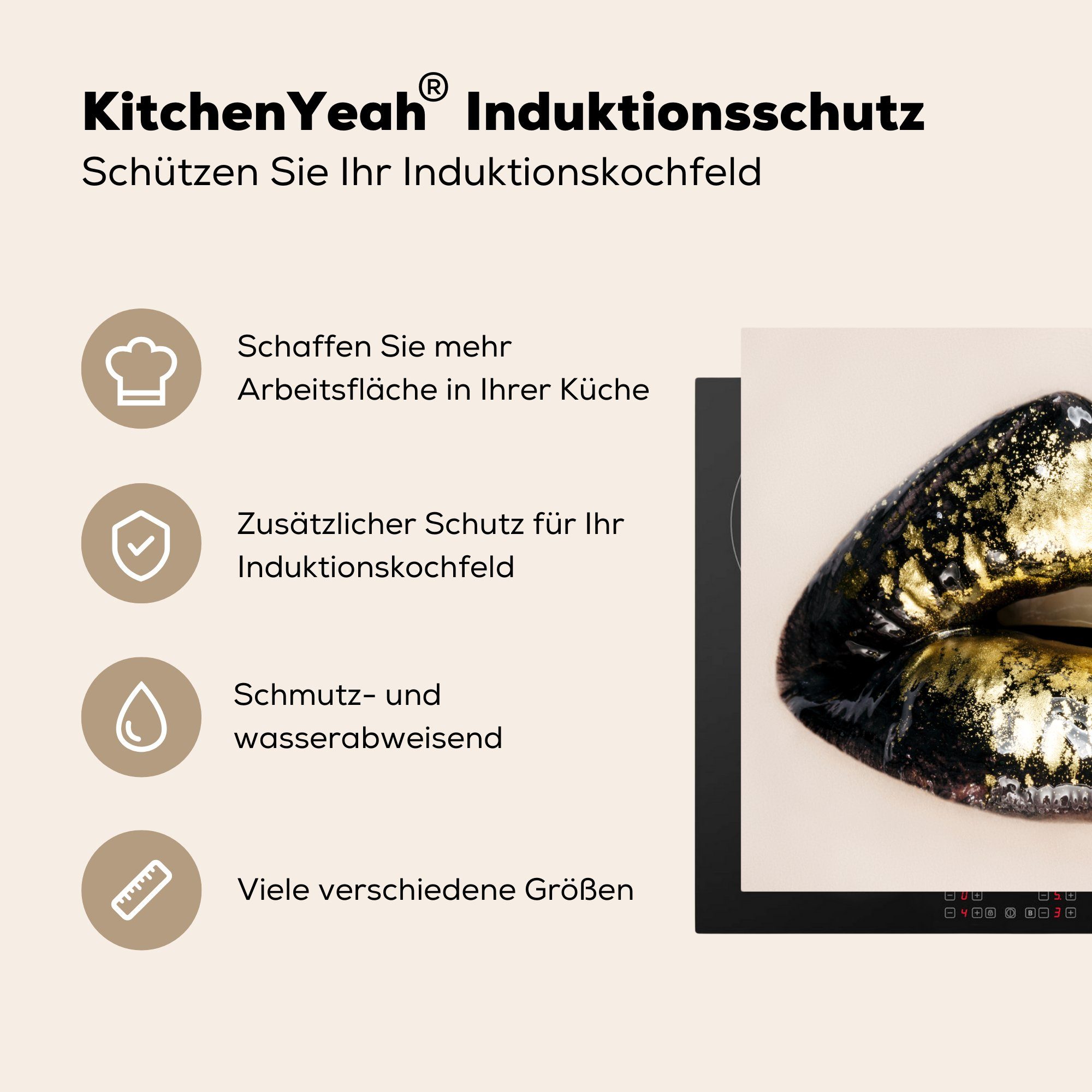 küche, Ceranfeldabdeckung Gold Vinyl, für - cm, (1 MuchoWow Induktionskochfeld Schutz - tlg), die Nahaufnahme 71x52 Lippen, Herdblende-/Abdeckplatte