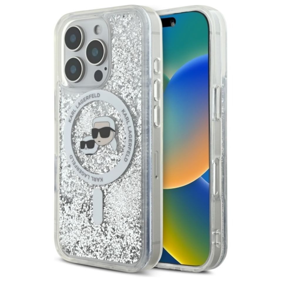 KARL LAGERFELD Handyhülle iPhone 16 Pro Glitter silber MagSafe Logo 6,3 Zoll, Kantenschutz