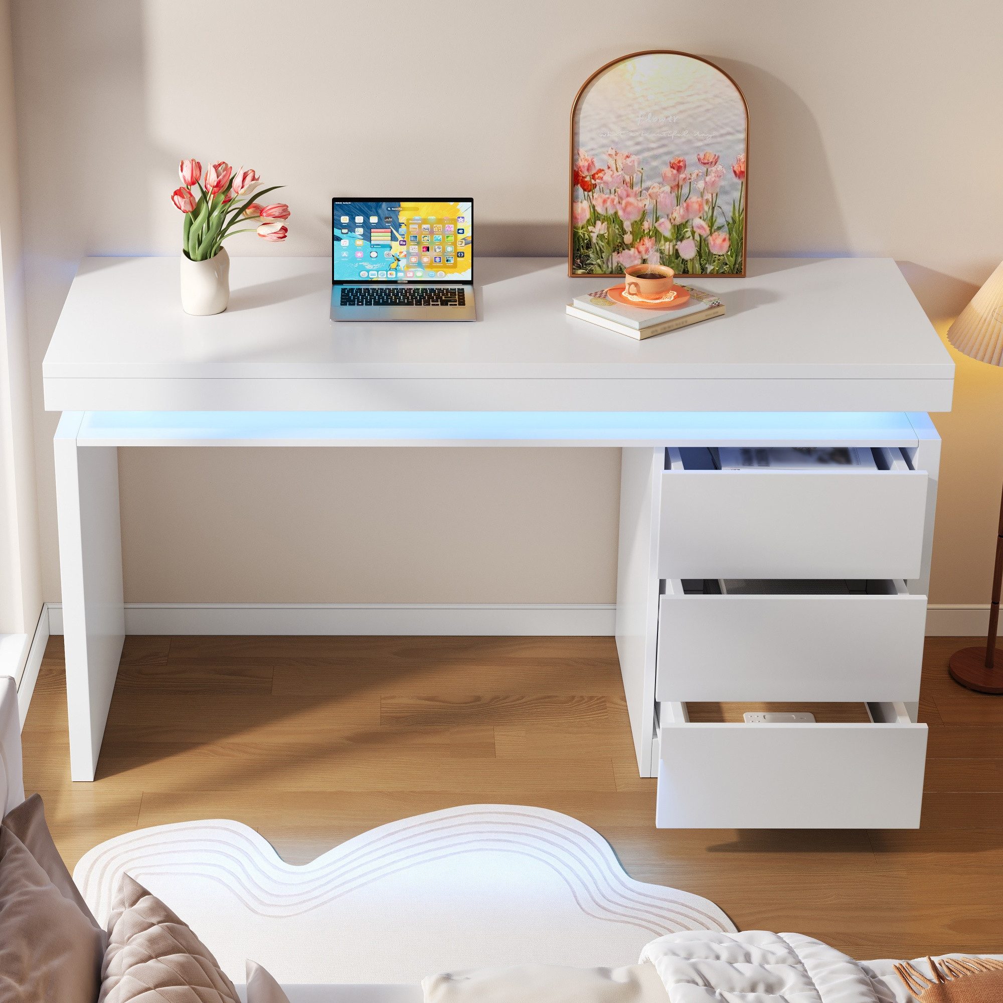 OKWISH Schreibtisch LED-Schreibtisch 120x50x78,5cm mit 3 Schubladen (Packung, 1-St., Verlängerte & verbreiterte Arbeitsfläche), Verstärkte Beine, einstellbare LED für Homeoffice