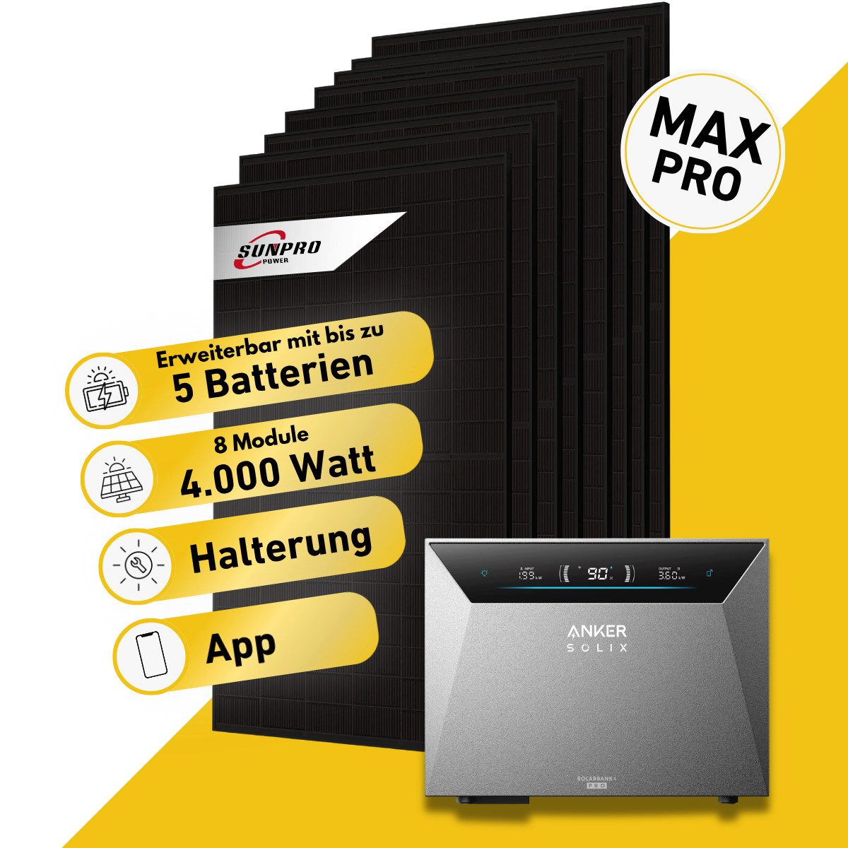 Balkonstrom Balkonkraftwerk 4000W mit Speicher, Anker 4 Pro, Komplettset, Bifazial, 4000 W, Monokristallin, (8x Sunpro Solarmodul á 500 Watt, 1x Anker Solix 4 Pro Solarspeicher E5000, 1-5 Zusatzspeicher BP5000), Halterung für Dach, Fassade, Balkon & Garten, App & Plug&Play DE