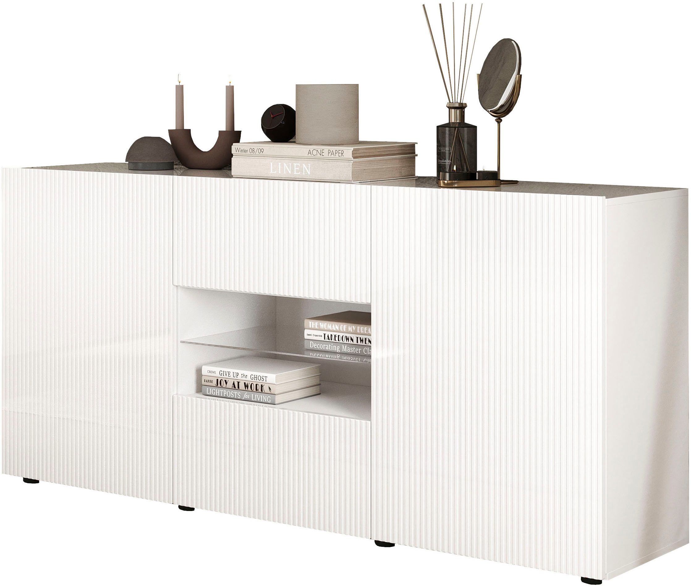 Home affaire Sideboard Rio Breite 181 cm, Kommode mit 2 Türen u. 2 Schubkästen, geriffelte MDF-Fronten, modern u. elegant, viel Stauraum