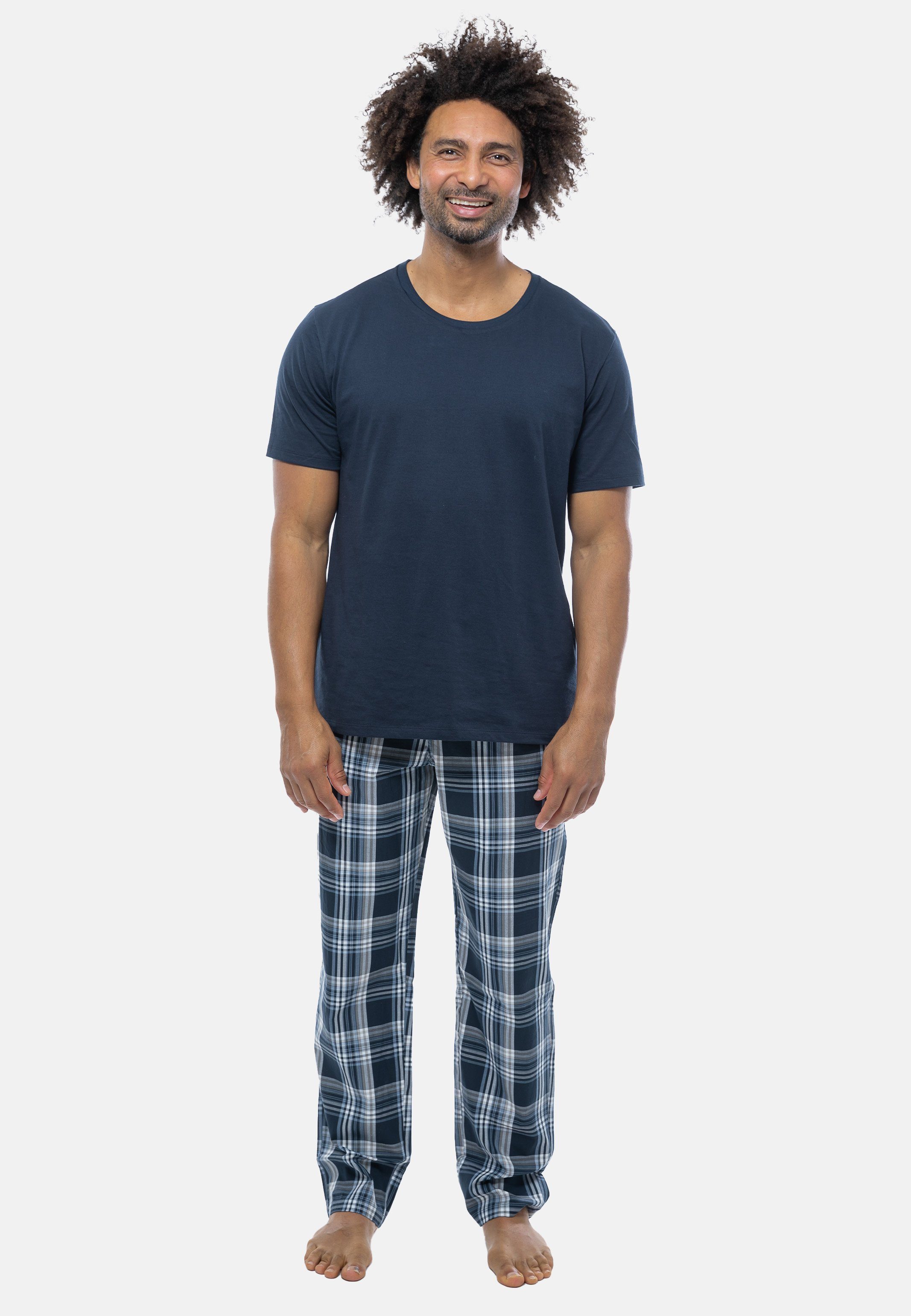 Schiesser Pyjama Mix (Set, 2 tlg) Schlafanzug - Baumwolle - Kurzarm-Shirt mit Rundhals-Ausschnitt Dunkelblau | Pyjama-Sets