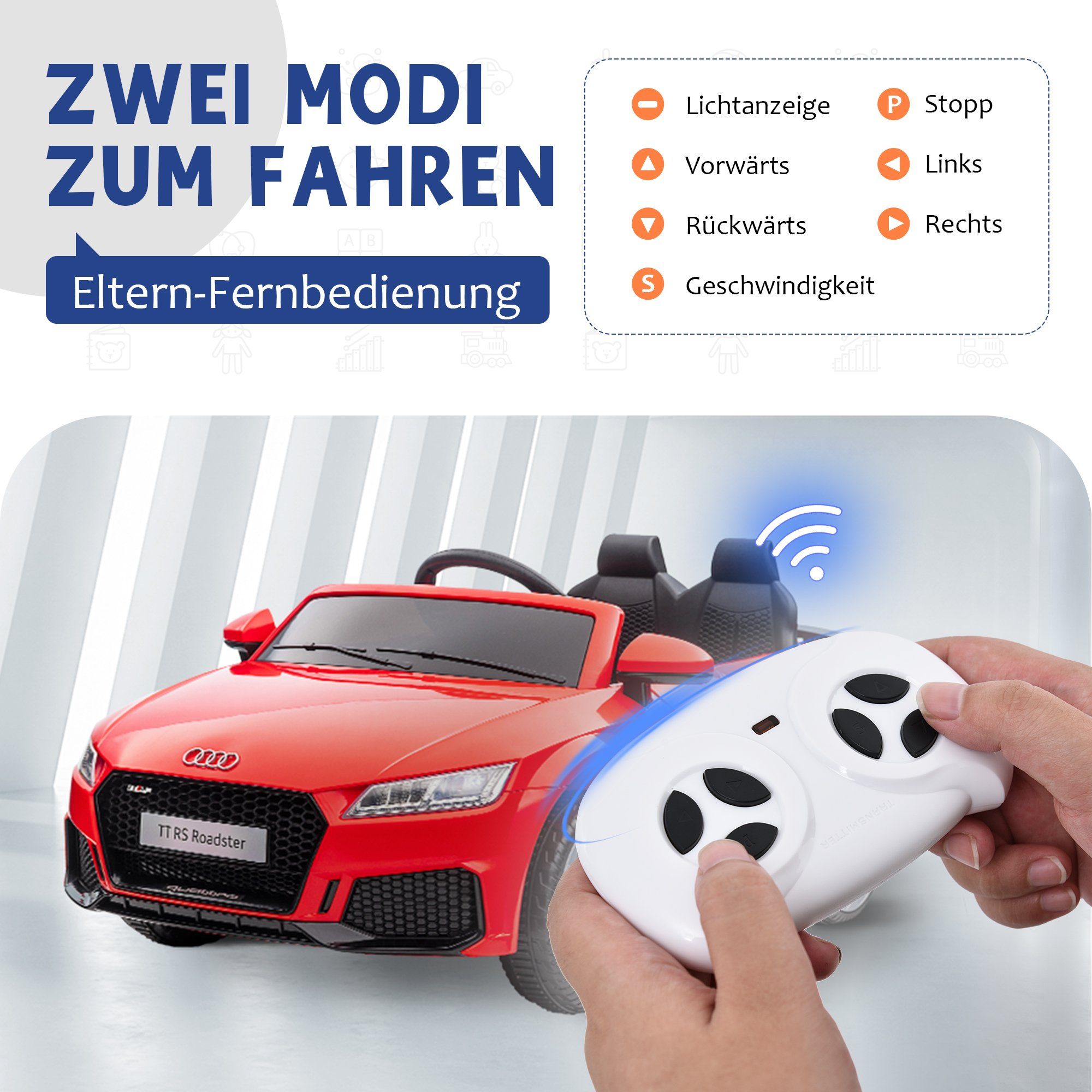 2.4G EXTSUD RS Hupe Elektro-Kinderauto von km/h Audi LED-Licht Elektroauto Jahren Kinder 3-6 2×30W mit rot Bluetooth 3-5 Musik Kinder 12V Motor TT Fernbedienung,