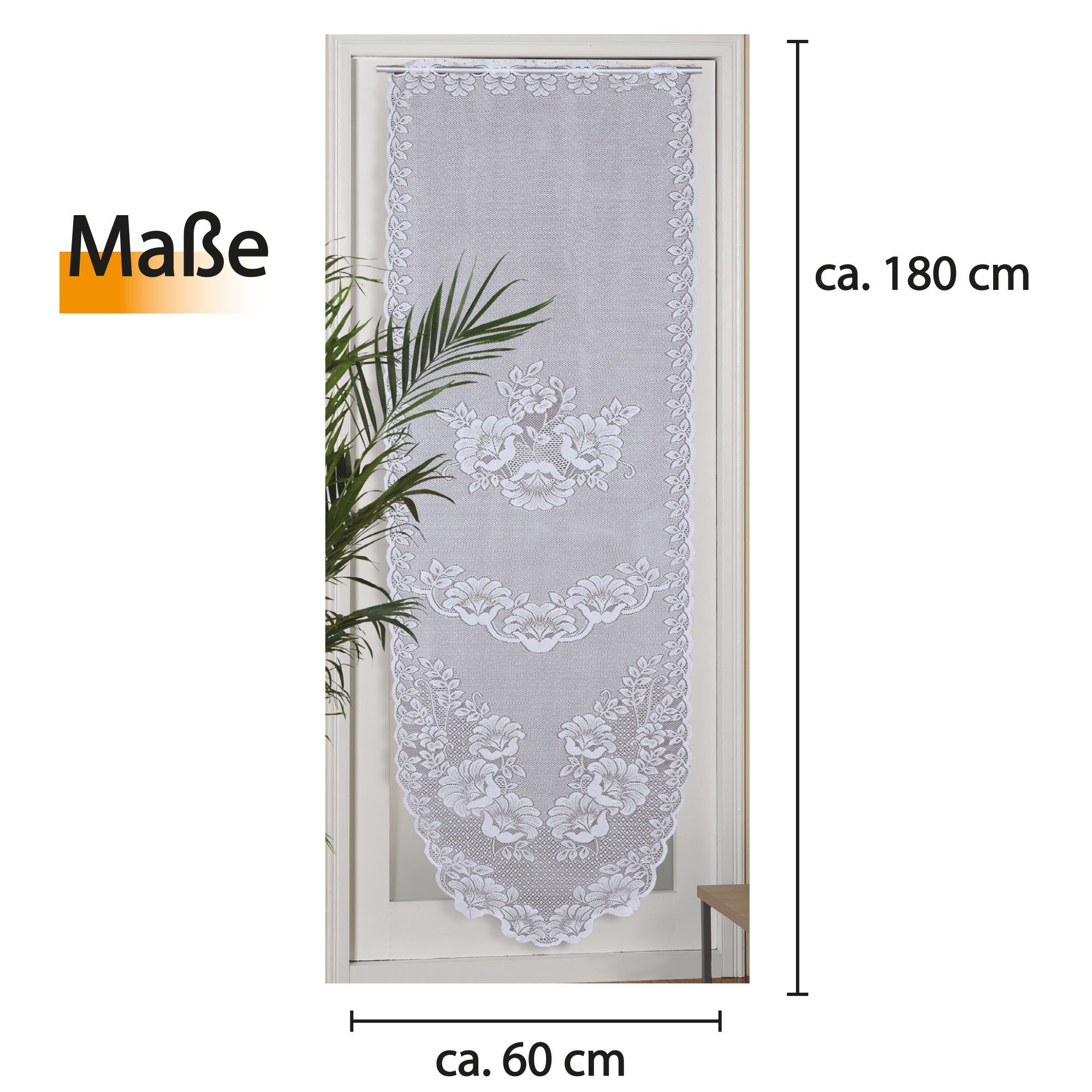 Arsvita Panneaux Blumen Mona mit Stickerei, Schlaufen, transparent, Türpanneaux 180x60cm Stangendurchzug, Voile Kurzgardine Bistrogardine