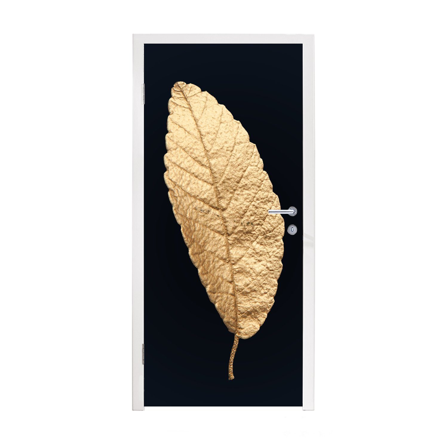 MuchoWow Türtapete Schwarz und Gold - Blätter - Schwarz - Pflanzen - Luxus, Matt, bedruckt, (1 St), Fototapete für Tür, Türaufkleber, 75x205 cm