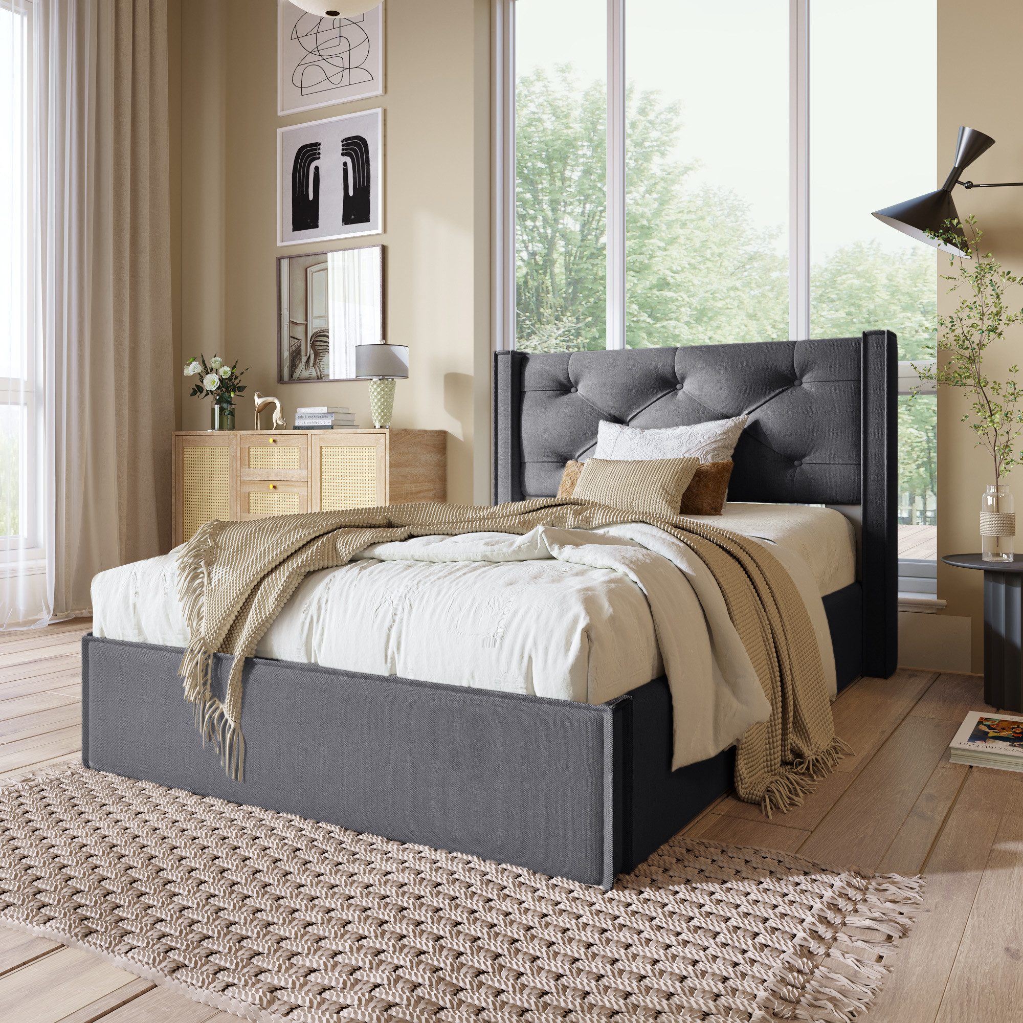 Flieks Polsterbett, Hydraulisches Einzelbett Funktionsbett Baumwolle 90x200 günstig online kaufen