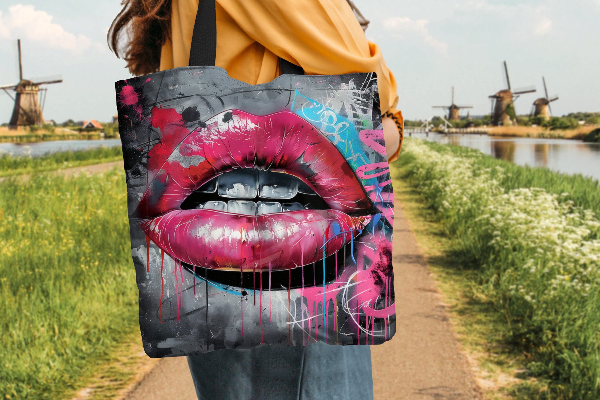MuchoWow Shopper Lippen - Leuchtendes Rosa - Graffiti - Farbstreifen, Handtasche, Damen und Herren, Schultertasche, Umhängetasche, Tote Bag