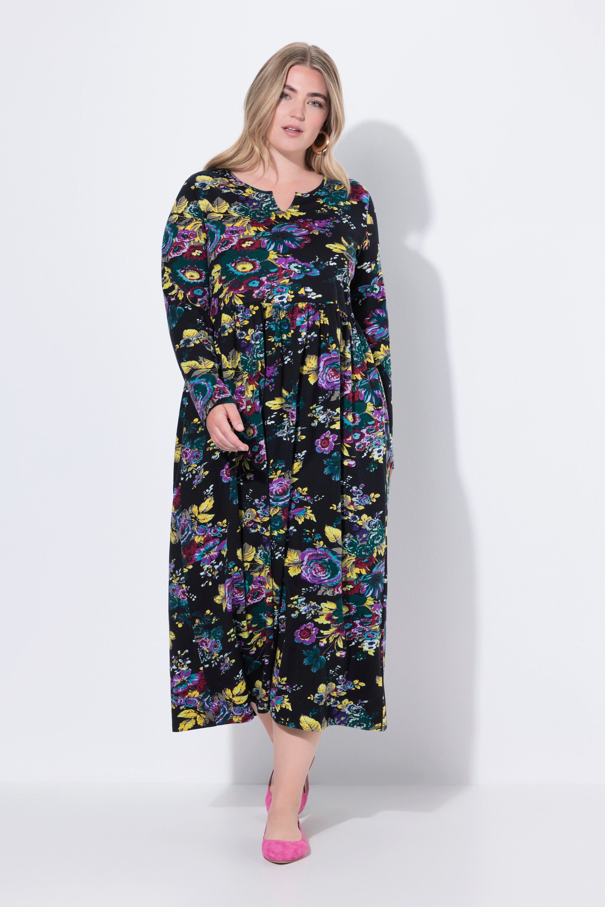 Maxikleid Maxikleid Blüten A-Linie Tunika-Ausschnit Langarm