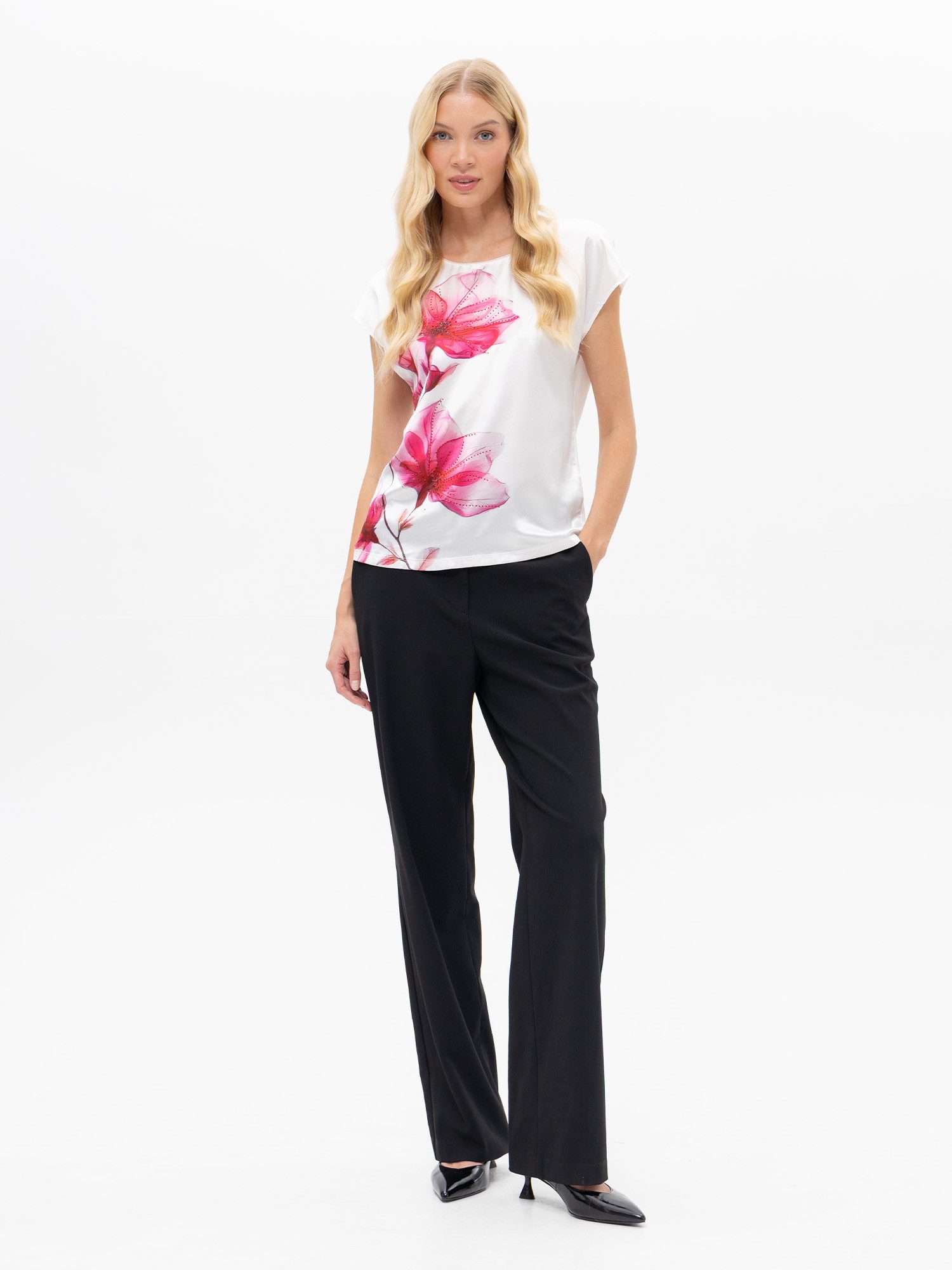 Passioni T-Shirt in weiß mit pinken Blumen Sommer T-Shirt mit pinken Blumen günstig online kaufen