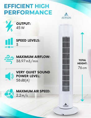 AERSON Turmventilator Ventilator mit Ozillation 76 cm, Tower Fan - 45 W, Standventilator mit 3 Stufen, mit Timerfunktion
