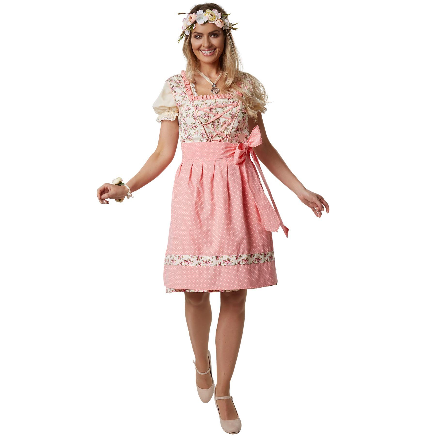 dressforfun Dirndl Mini-Dirndl, kurz, farbenfrohes Blumenmuster, Reißverschluss hinten (Trachtenkleid, Konfektionsgröße XXL, rosa) Schnürung mit filigranen Ösen, Rüschen-Ausschnitt, abgestimmte Schürze