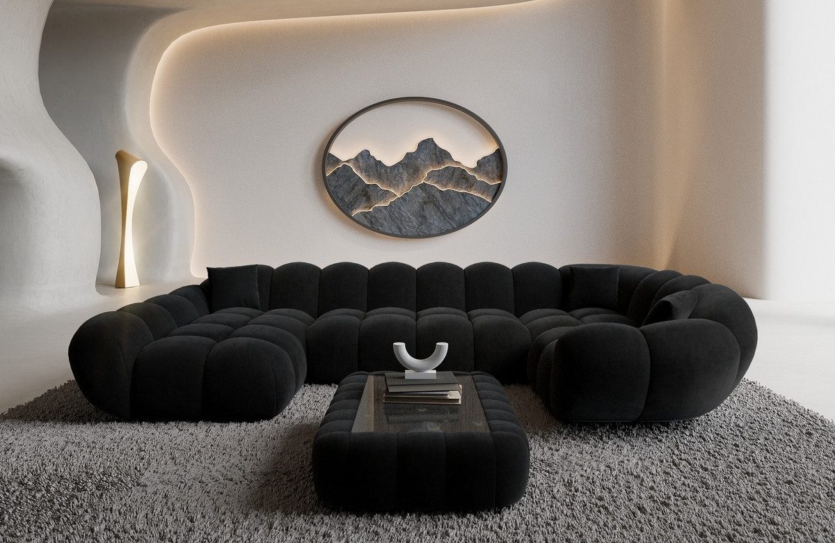 Sofa Dreams Wohnlandschaft Maleron U Form Design Stoffsofa, Stoff Polsterecke, 6-Sitzer, Ottomane links, Samtstoff Schwarz