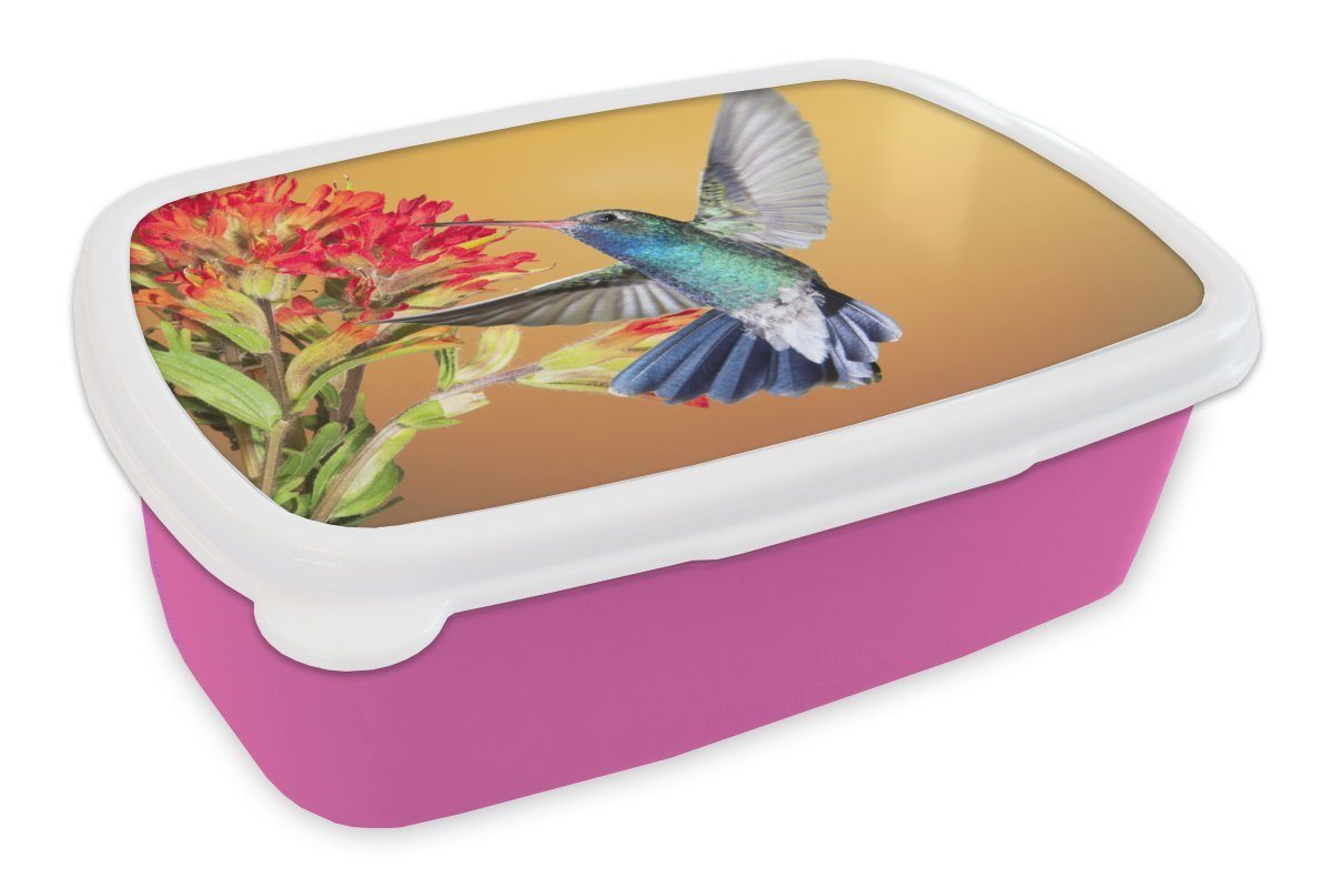 MuchoWow Lunchbox Vogel - Kolibri - Blumen, Kunststoff, (2-tlg), Brotbox für Erwachsene, Brotdose Kinder, Snackbox, Mädchen, Kunststoff rosa