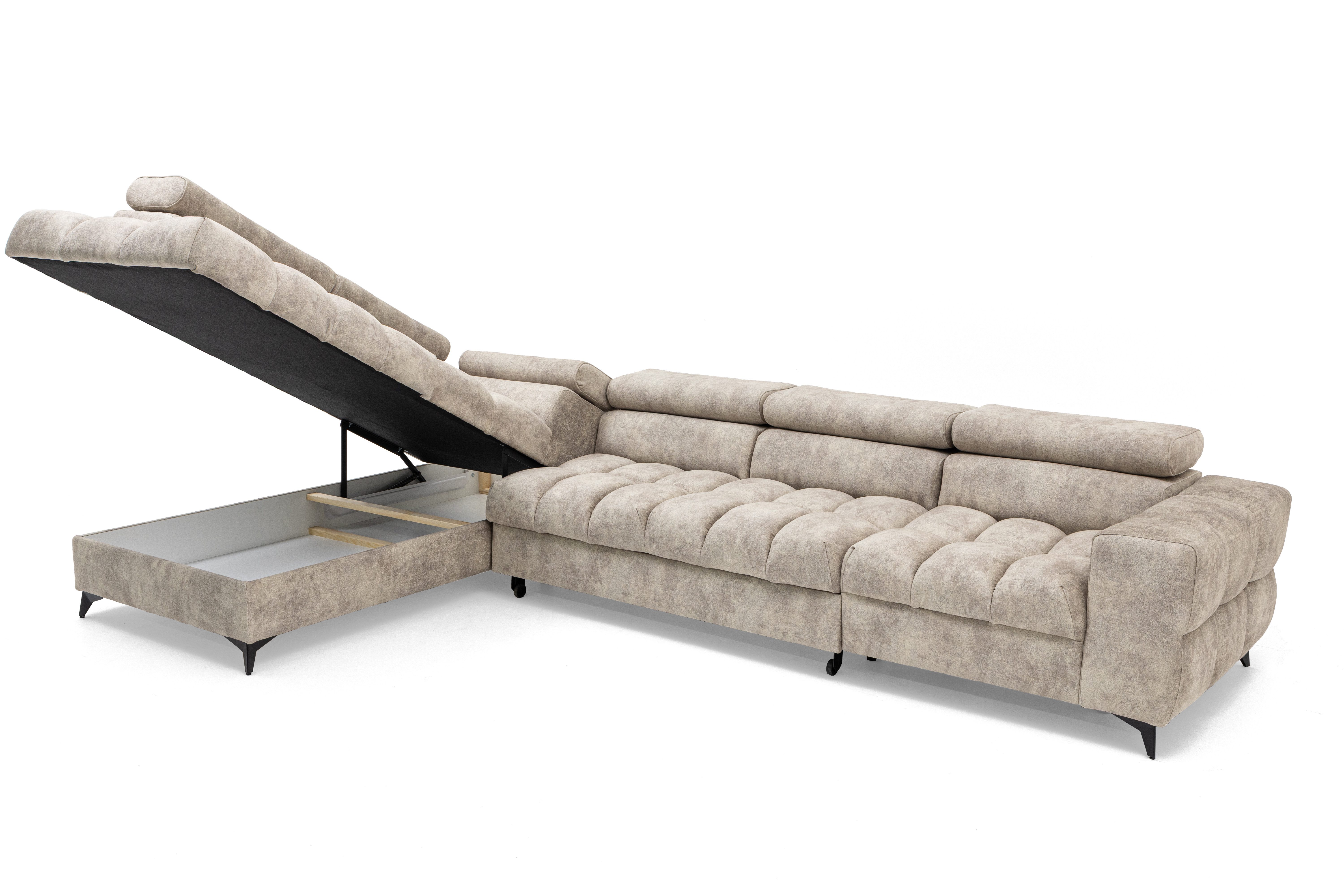 Muffo Ecksofa Pudding Maxi, Elegante starke Steppung, mit Bettkasten, verstellbaren Kopfstützen, mit Schalffunktion