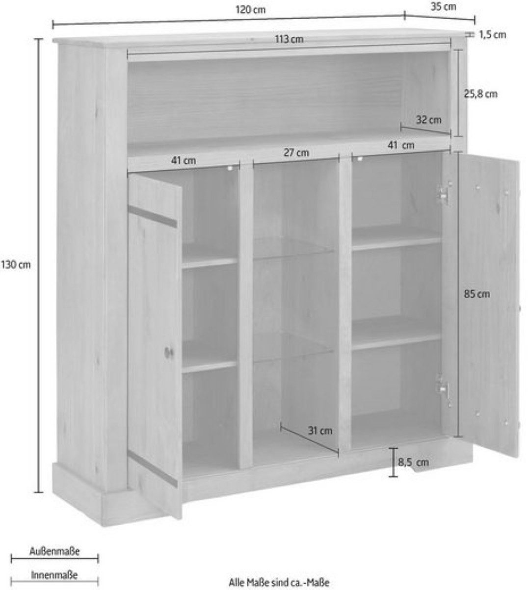 loft24 Highboard Thor, Breite 120 cm, Mehrzweckschrank, 2 Türen, Glaseinlegeböden, Kiefer