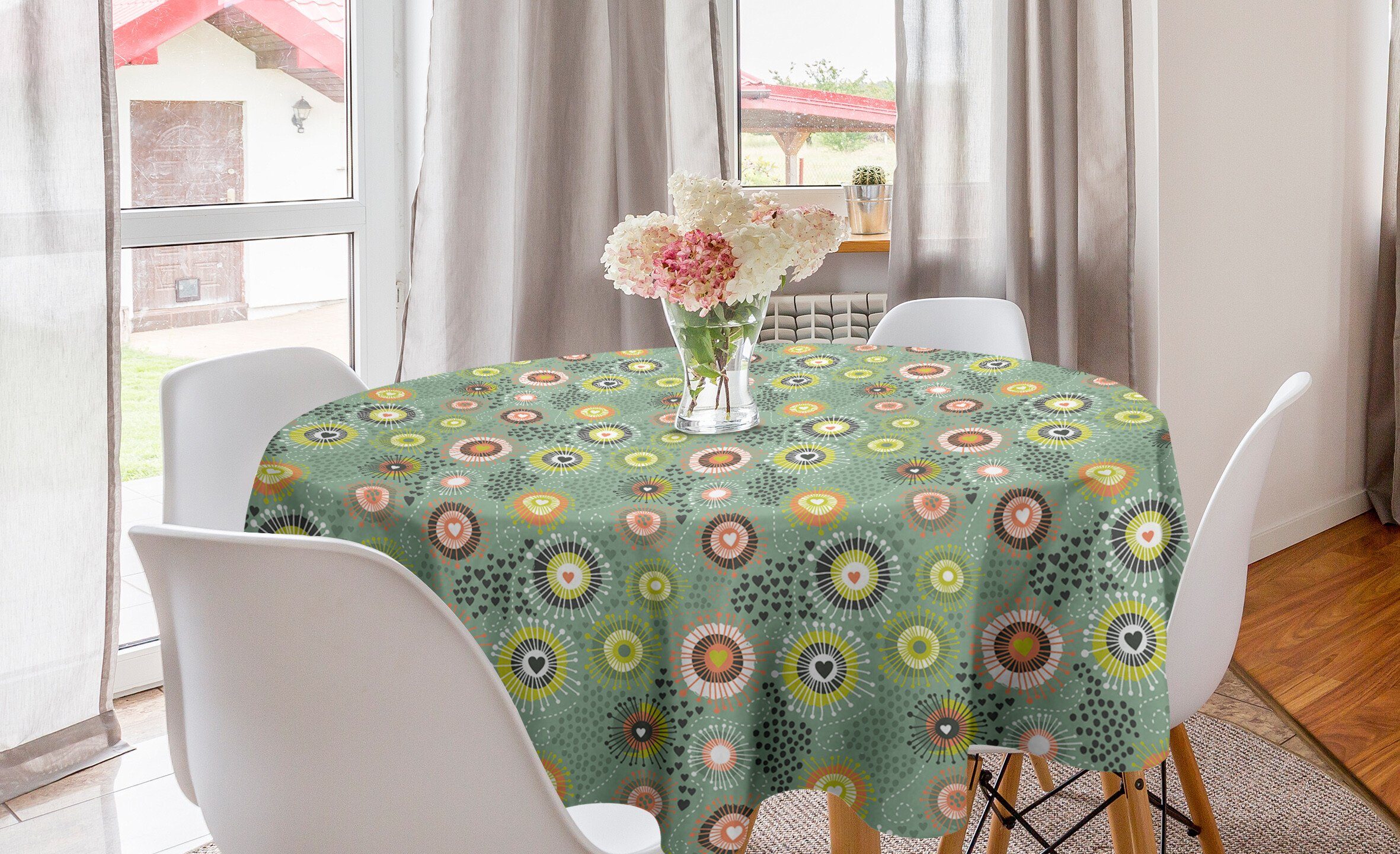 Abakuhaus Tischdecke Kreis Tischdecke Abdeckung für Esszimmer Küche Dekoration, Geometrisch Abstrakte Herzen und Punkte