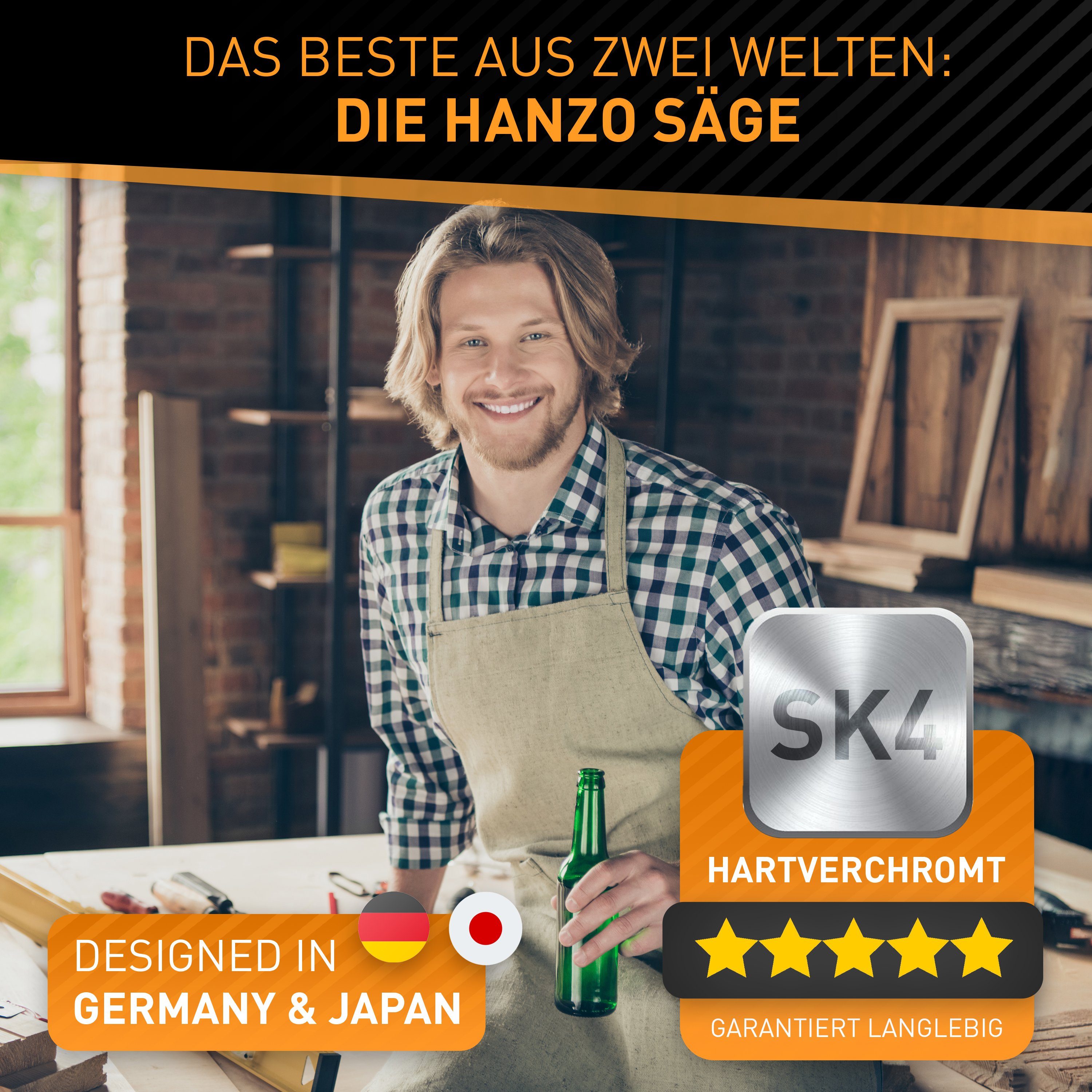 Hardtwerk® Japansäge Hanzo & Griff) für Säge doppelseitig aus - 240mm japanische Karbonstahl, (SUPER-GRIP SK4 klappbar Heimwerker - Feinsäge