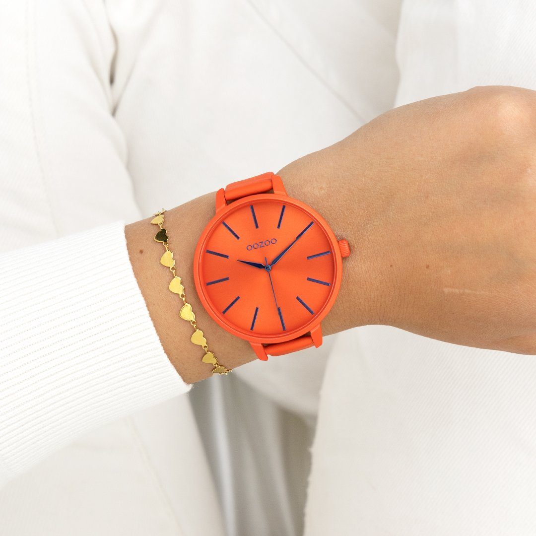 Quarzlaufwerk. (ca. rund, Quarzuhr Timepieces Armbanduhr Lederarmband 48mm), Batterietyp 377 Damenuhr extra Hochwertiges Miyota OOZOO Oozoo Analog, (SR626SW) Fashion, rot,orange, groß Damen