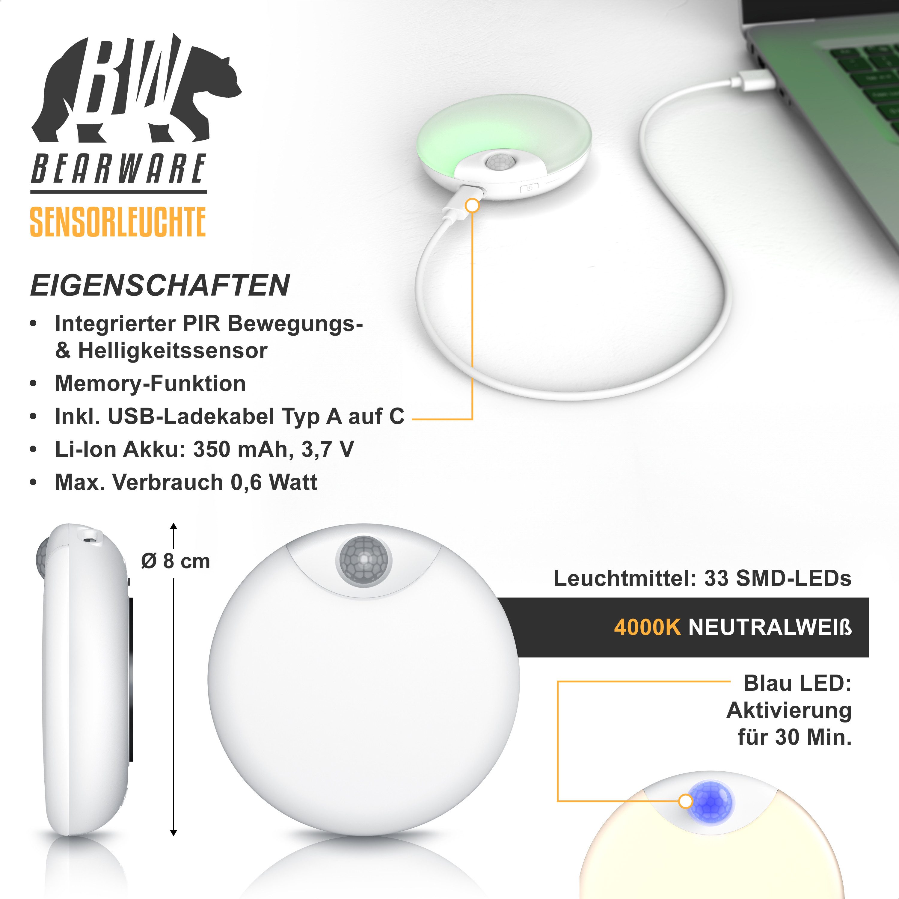 BEARWARE LED Nachtlicht Schranklicht mit Bewegungsmelder, Akku, USB-C, dimmbar, Automatische Ein-/Ausschaltung, Nachtlichtfunktion, mit LED, Dimmfunktion, Timer – Bild 2 von 5