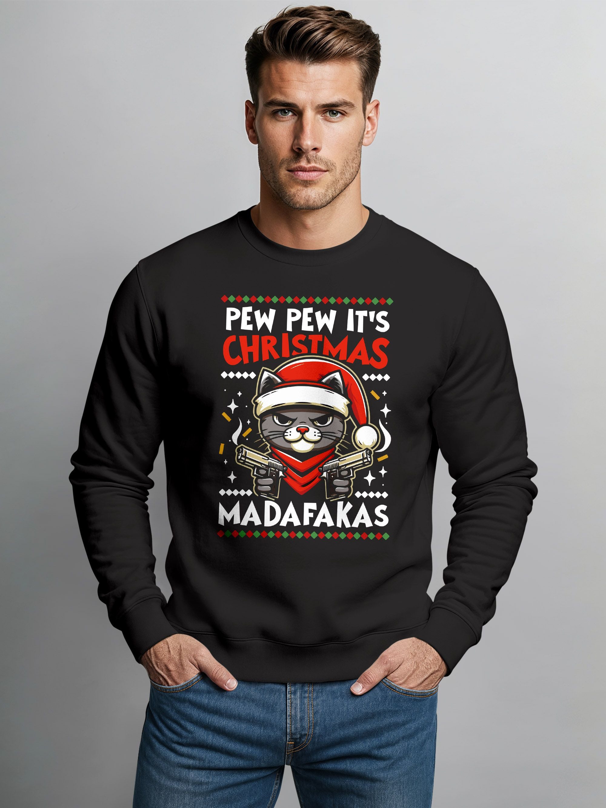 MoonWorks Sweatshirt Sweatshirt Herren Weihnachtspullover Katze Pew Pew Mad günstig online kaufen