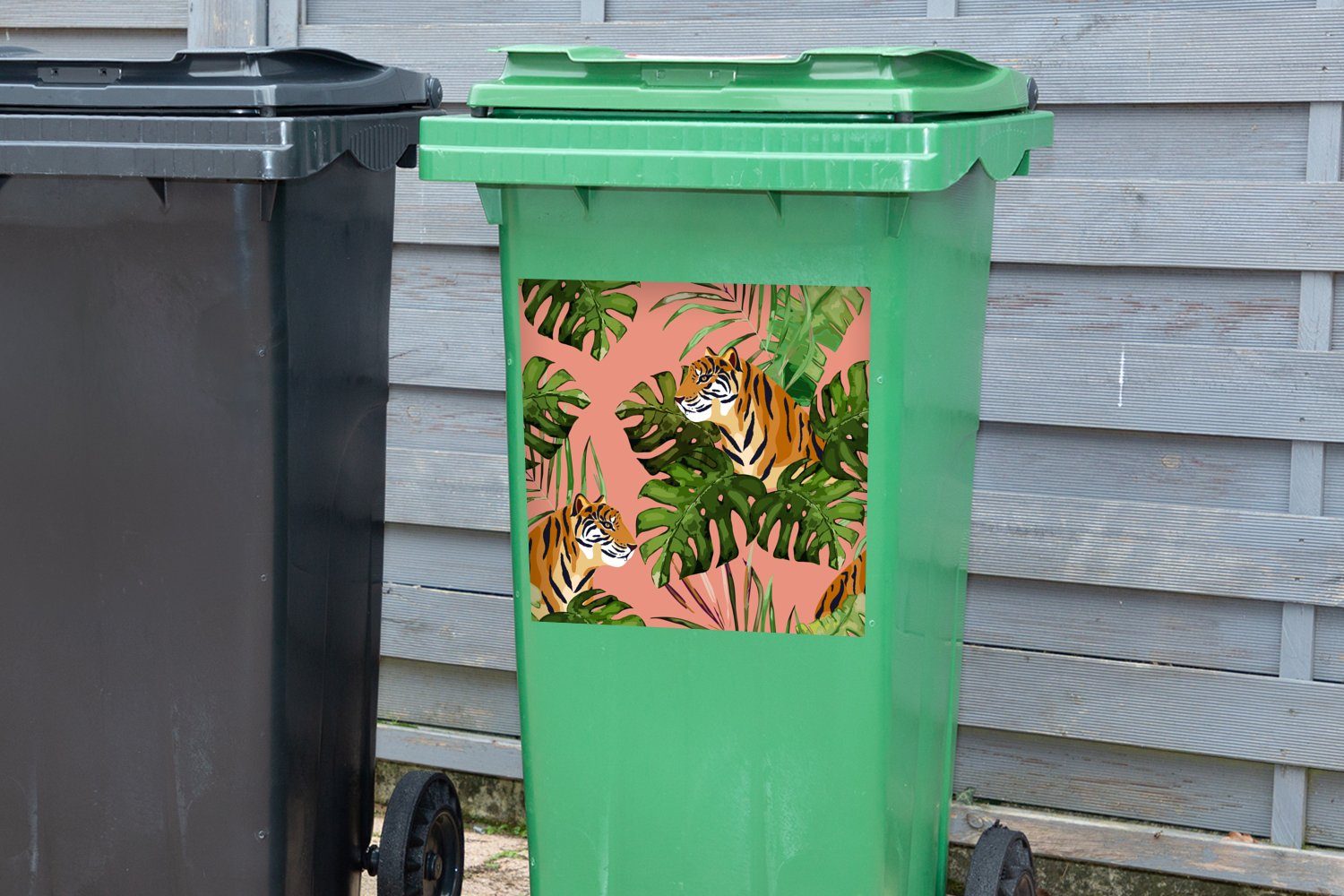 St), Tiger MuchoWow Container, Sticker, Monstera - Wandsticker Mülleimer-aufkleber, Botanisch - Mülltonne, (1 Abfalbehälter