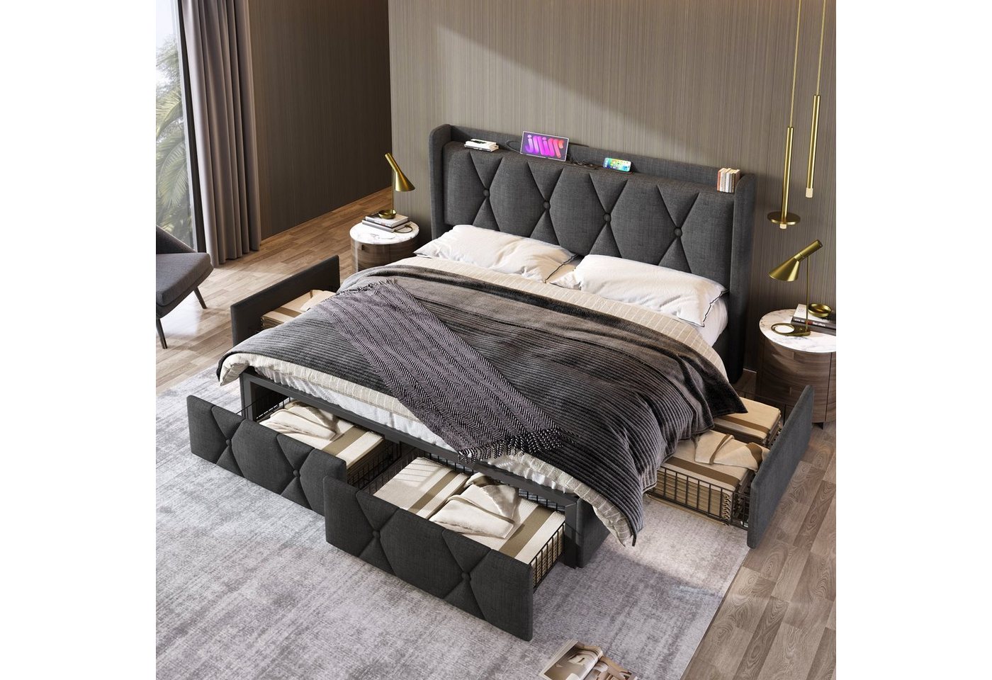 Flieks Polsterbett, Doppelbett mit Steckdose/USB Ladefunktion und 4 Schubladen 140x200cm