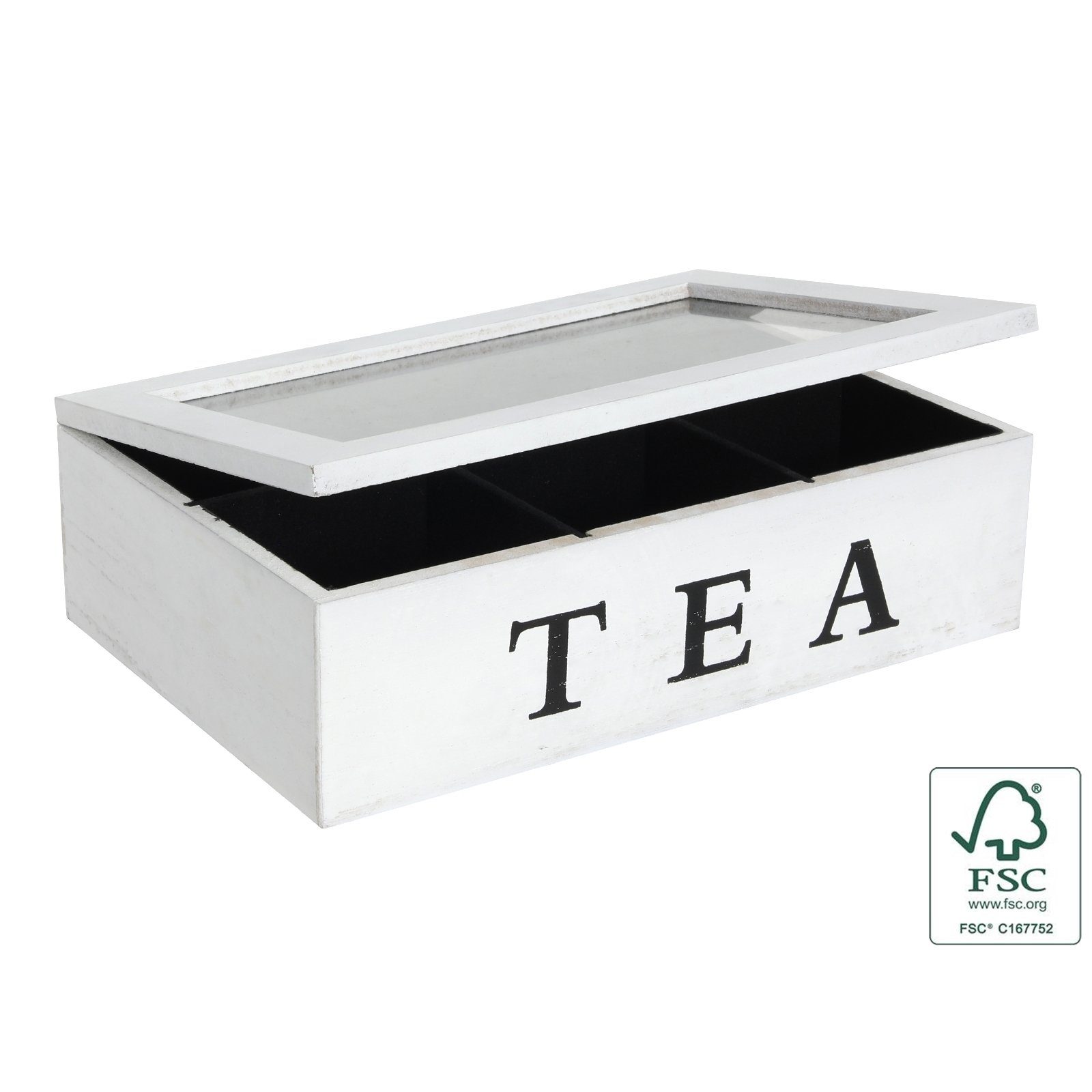 1-tlg), Teebeutelkiste mit Weiß, Holz (Stück, Holz, Teebox Neuetischkultur Vorratsdose mit 6 Kammern Sichtfenster Teedose