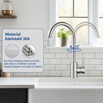 Synlyn Küchenarmatur 360° Edelstahl Hochdruck Wasserhahn Spültischarmatur mit hohem Auslauf Hochpräzise Keramikkartusche, wassersparend, pflegeleicht