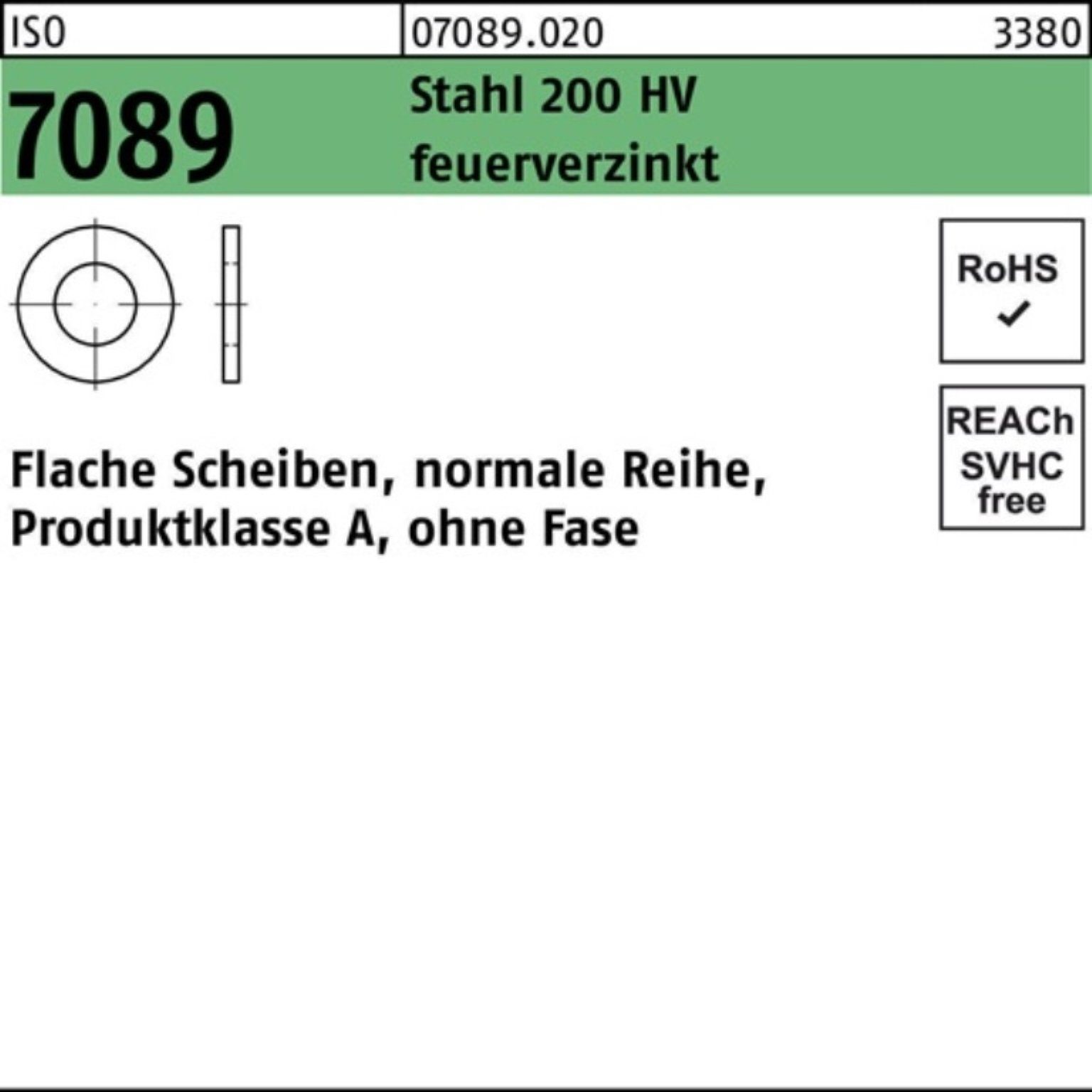 Bufab Unterlegscheibe 100er Pack Unterlegscheibe ISO 7089 o.Fase 33 Stahl 200 HV feuerverz.