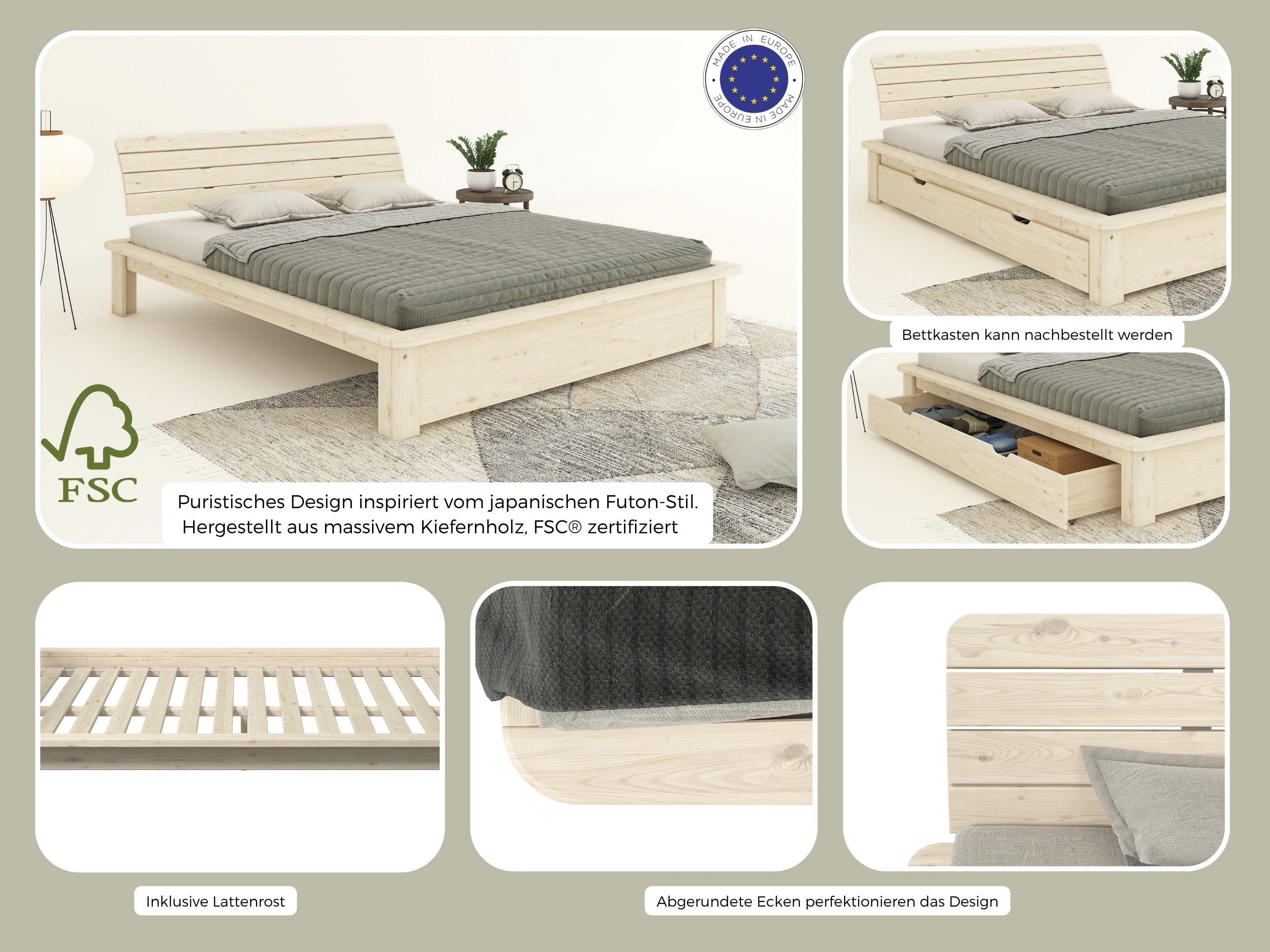 OTTO home Massivholzbett Antri, Futonbett, ergonomisch geformtes Kopfteil, stilvolles Design, Rahmen zur Ablage von Smartphone, mit Lattenrost, Bettkasten optional