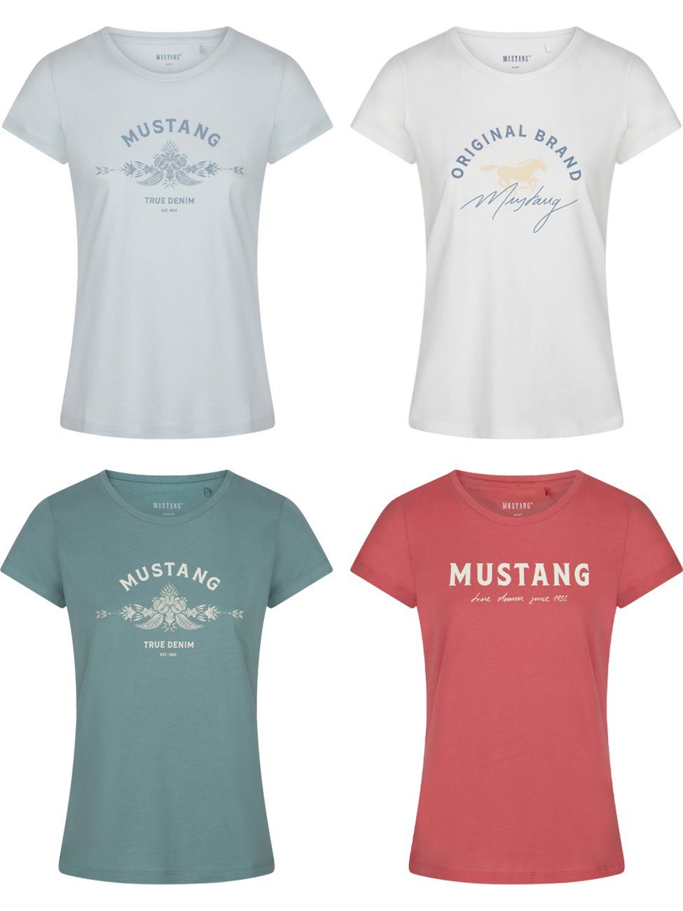 MUSTANG T-Shirt Damen Logo Printshirt Alexia C Logo Slim Fit (4-tlg) Basic Kurzarm Tee Shirt mit Rundhalsausschnitt aus 100% Baumwolle