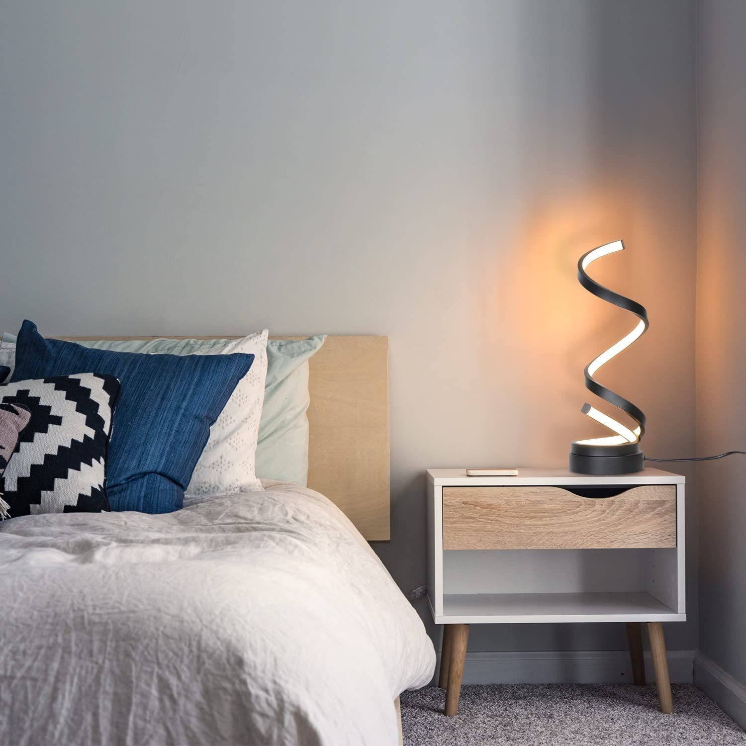ZMH LED Tischleuchte Nachttischlampe LED 12W Modern Schwarz warmweiß-kaltweiß, Berührungsschalter, Wohnzimmer Dimmbare Spiralförmig, integriert, fest