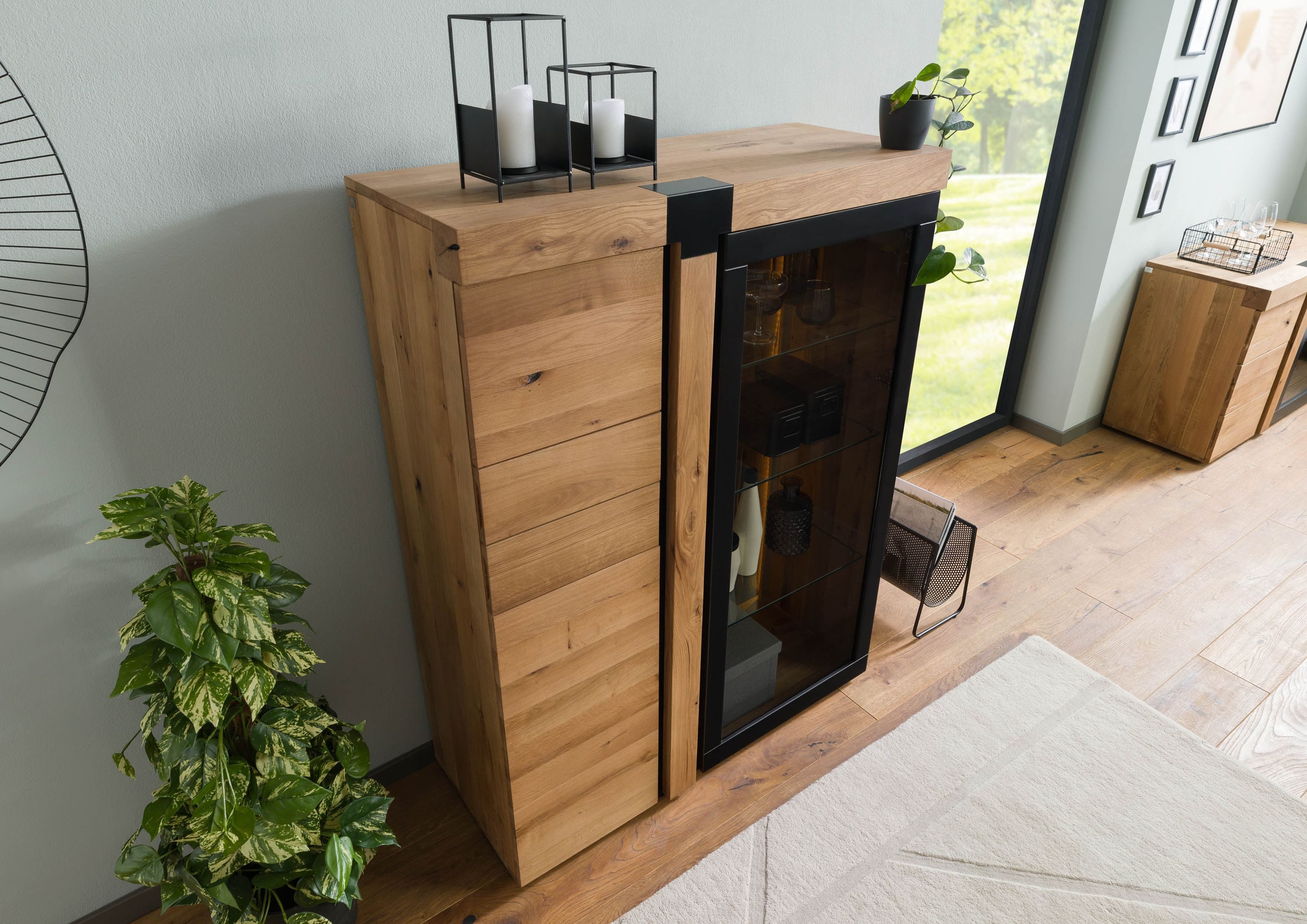 Massivmoebel24 Highboard ROTTERDAM (Massivholz), Eiche 110x45x144 natur geölt ROTTERDAM #100
