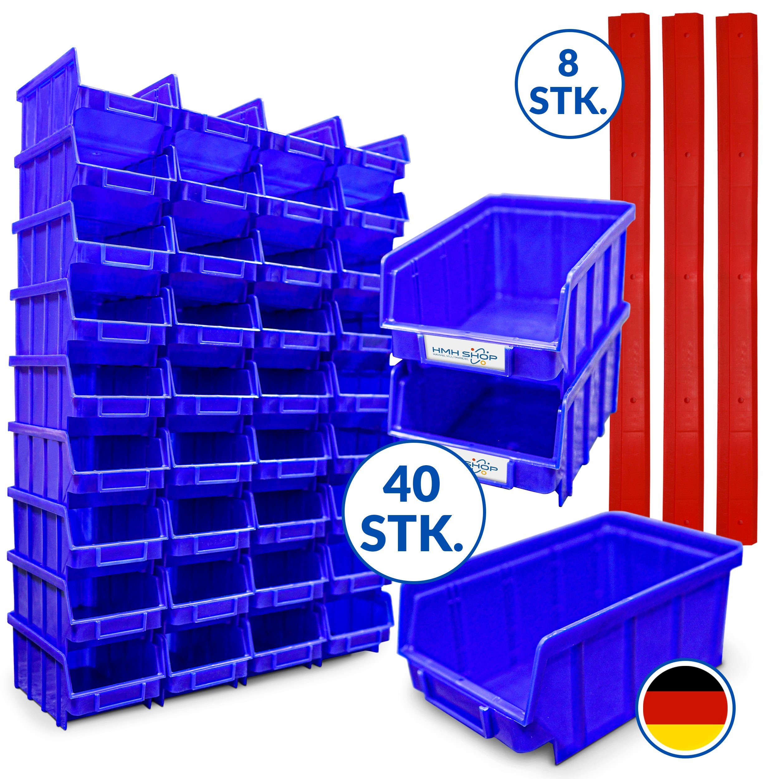 HMH Stapelbox 40 / 80 blaue Stapelboxen Gr. 2 Sichtlagerkästen + Wandschienen, Beschriftungsfach, schlagfest, Stapelbar, Wandmontage