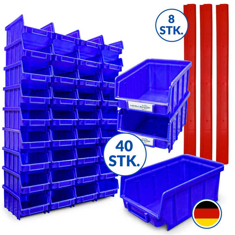 HMH Stapelbox 40 / 80 blaue Stapelboxen Gr. 2 Sichtlagerkästen + Wandschienen, Beschriftungsfach, schlagfest, Stapelbar, Wandmontage