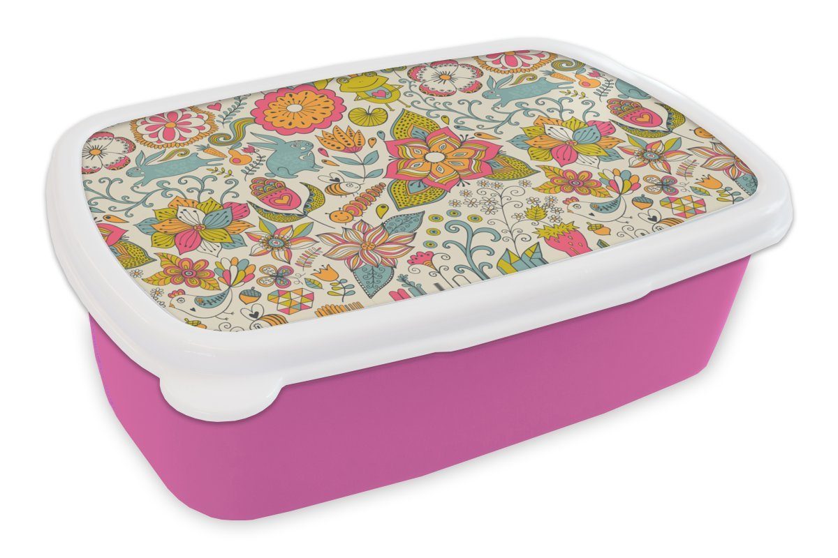 MuchoWow Lunchbox Mädchen - Kaninchen - Frosch - Muster - Mädchen - Kinder - Kinder -, Kunststoff, (2-tlg), Brotbox für Erwachsene, Brotdose Kinder, Snackbox, Mädchen, Kunststoff rosa