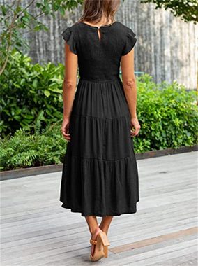 AFAZ New Trading UG Dirndl Kleid mit Rüschenärmeln und plissiertem Saum Gesmoktes, mehrlagiges, kurzärmliges Kleid mit vollem Saum