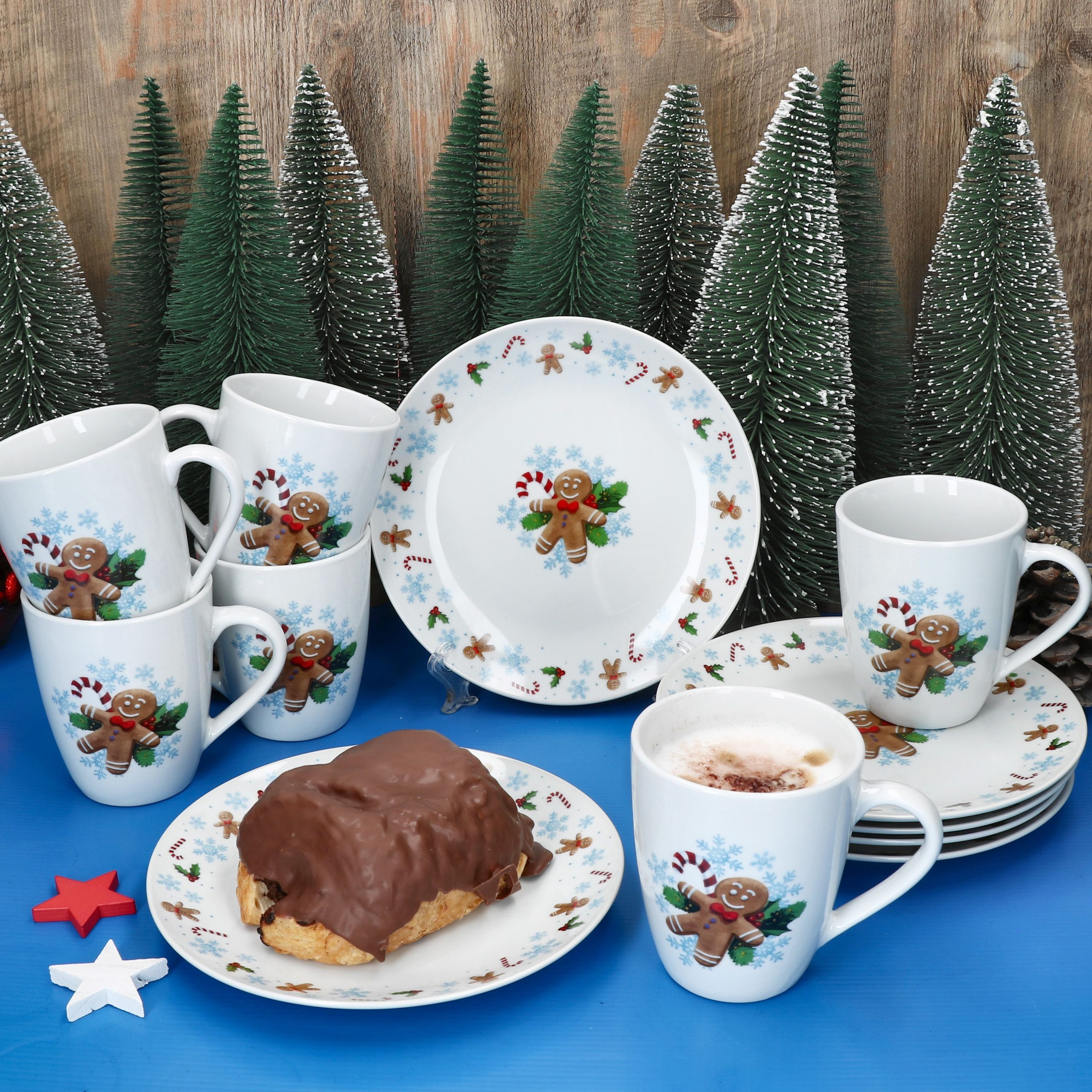 MamboCat Frühstücks-Geschirrset Candyman 12tlg Frühstücksset Porzellan Teller Becher Weihnachten, Porzellan, Weihnachtsgeschirr, Winter, Weihnachtsset, Geschirr, Advent