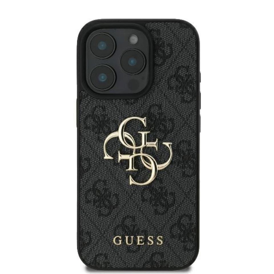Guess Handyhülle iPhone 16 Pro Max Kunstleder grau Big Logo goldfarbig 6,9 Zoll, Kantenschutz
