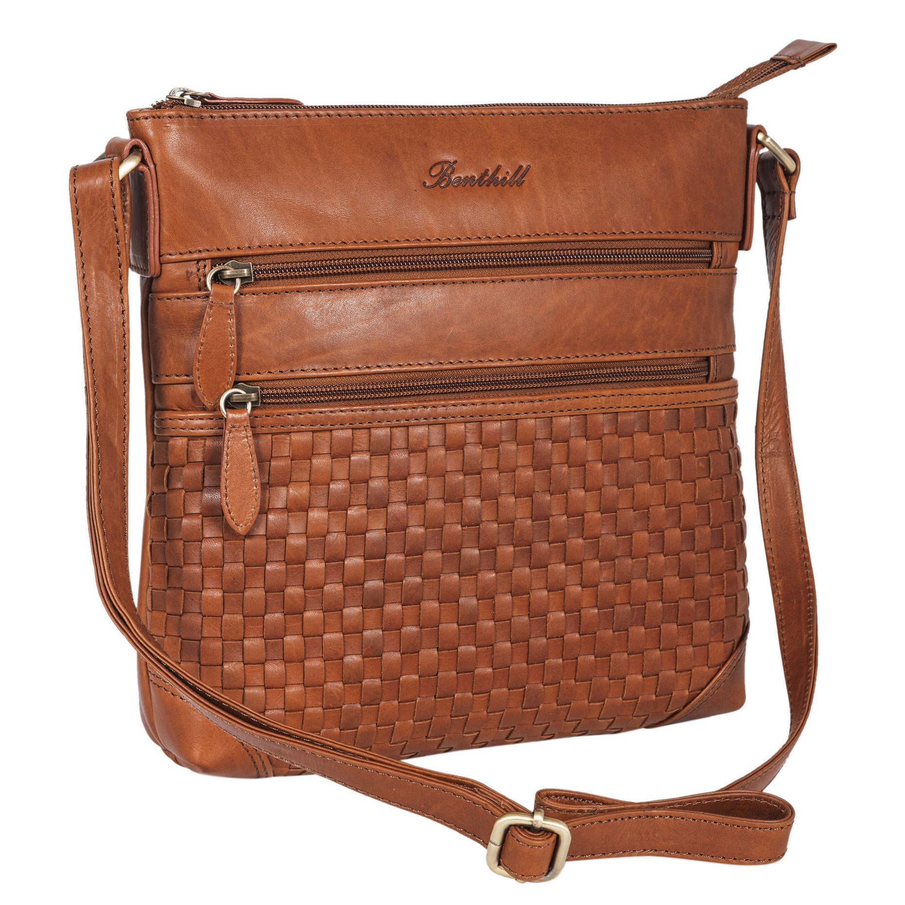 Benthill Umhängetasche Damen Echt Leder Schultertasche Vintage Handtasche geflochtenem Muster, Schultergurt / Umhängegurt Reißverschlussfach