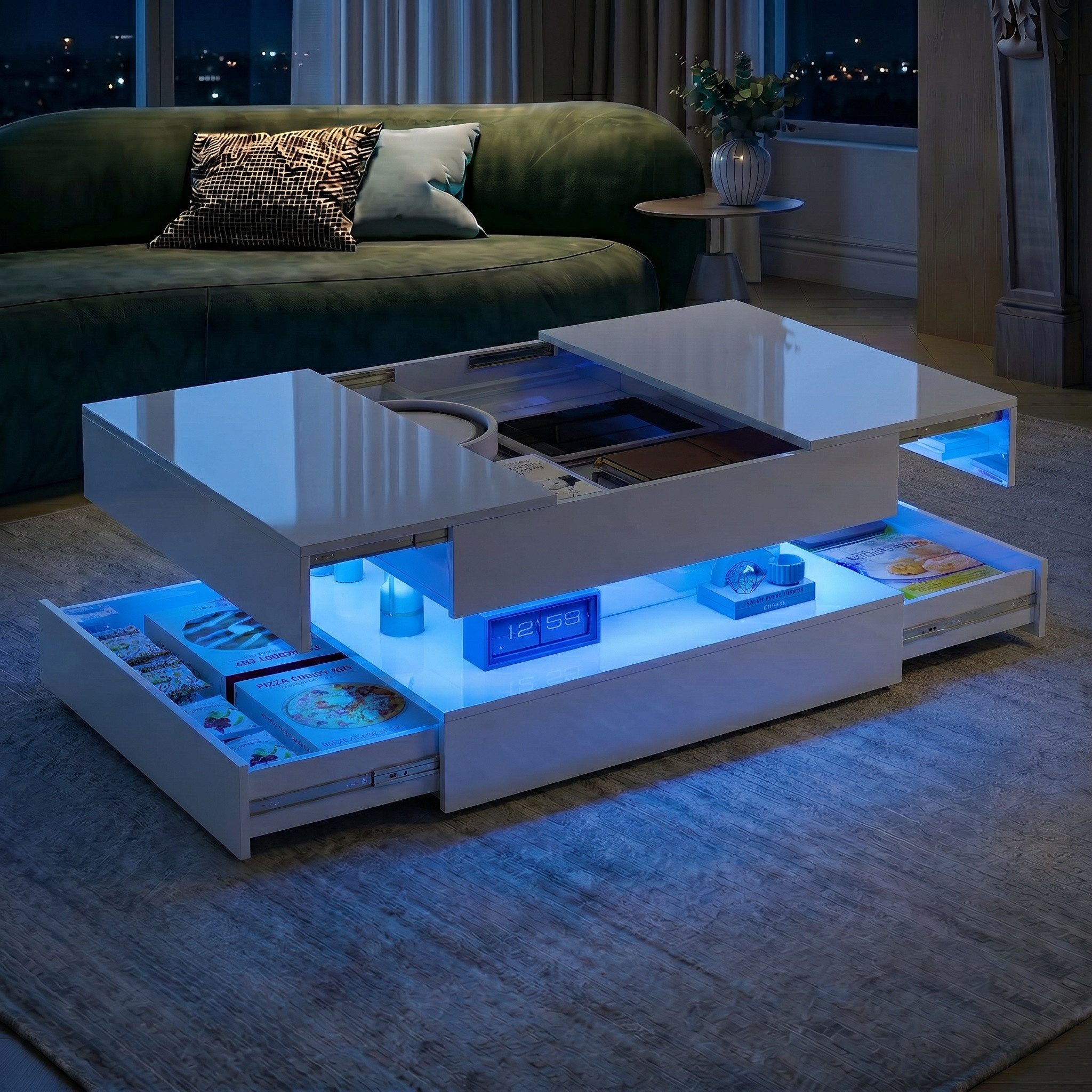 PXloue Couchtisch LED-Couchtisch mit Stauraum und modernem Design (Hochglänzender), Praktischer Tisch mit Schubladen und integrierter Beleuchtung