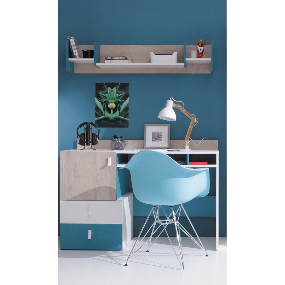 Lomadox Jugendzimmer-Set PITTSBURGH-133, (Sparset), Schreibtisch Set mit Wandboard, weiß/Eiche/blau