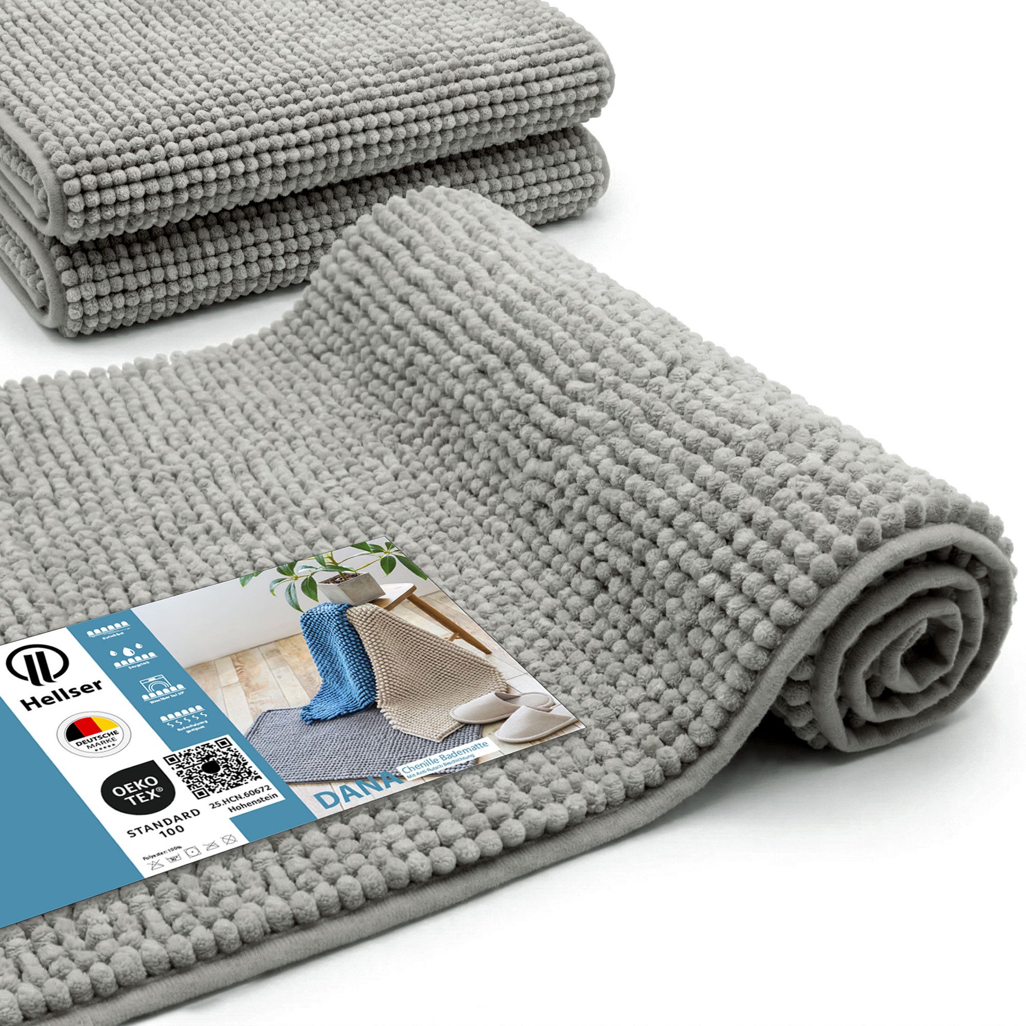 HELLSER Badematte DANA - Badezimmerteppich rutschfest & waschbar - Chenille, rutschhemmend beschichtet, fußbodenheizungsgeeignet, schnell trocknend, Polyester, - Weiche Chenille Badematte Kurzflor, OEKO-Tex-zertifiziert