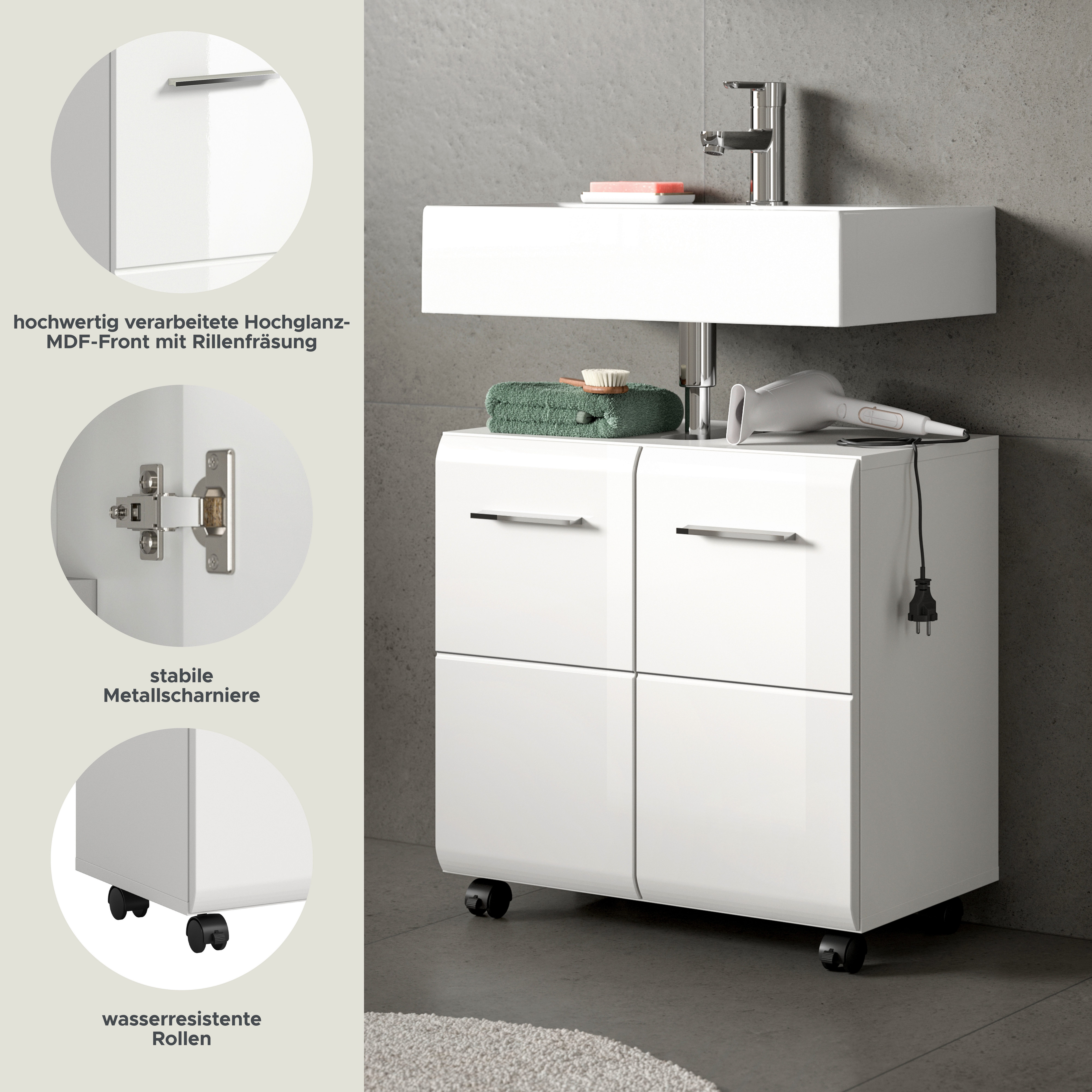 welltime Waschbeckenunterschrank FLORENZ, Breite 60cm, inkl. Siphonausschnitt, mit Türen oder Schüben (TOPSELLER) hochwertige MDF Front, Griff schwarz, Badschrank, Bad