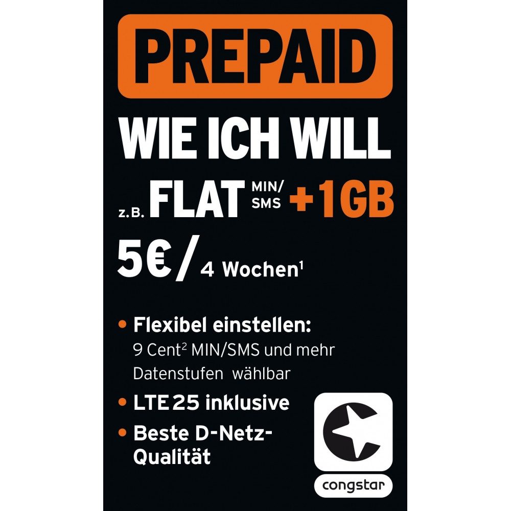 Congstar Congstar Prepaid "wie ich will" 202 Tarif. Prepaidkarte, (Flexibles Prepaid-Angebot ohne Vertragsbindung)