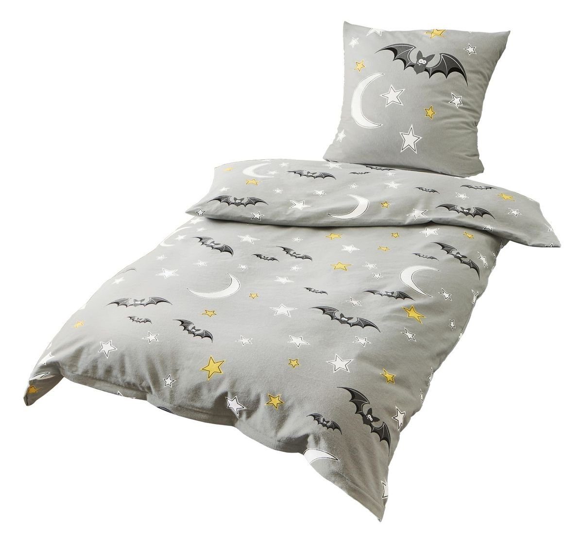 JACK Kinderbettwäsche JACK by Bierbaum Kinder Biber Fledermaus Bettwäsche 2 tlg. 135x200cm, Biber, 2 teilig, Kinderbettwäsche mit tollem Motiv, Sterne, Mond, Grau, weiche Qualität