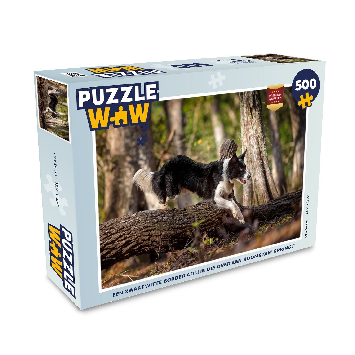 MuchoWow Puzzle Ein schwarz-weißer Border Collie springt über einen Baumstamm, 500 Puzzleteile, Foto-Puzzle, Bilderrätsel, Puzzlespiele, Spielzeug